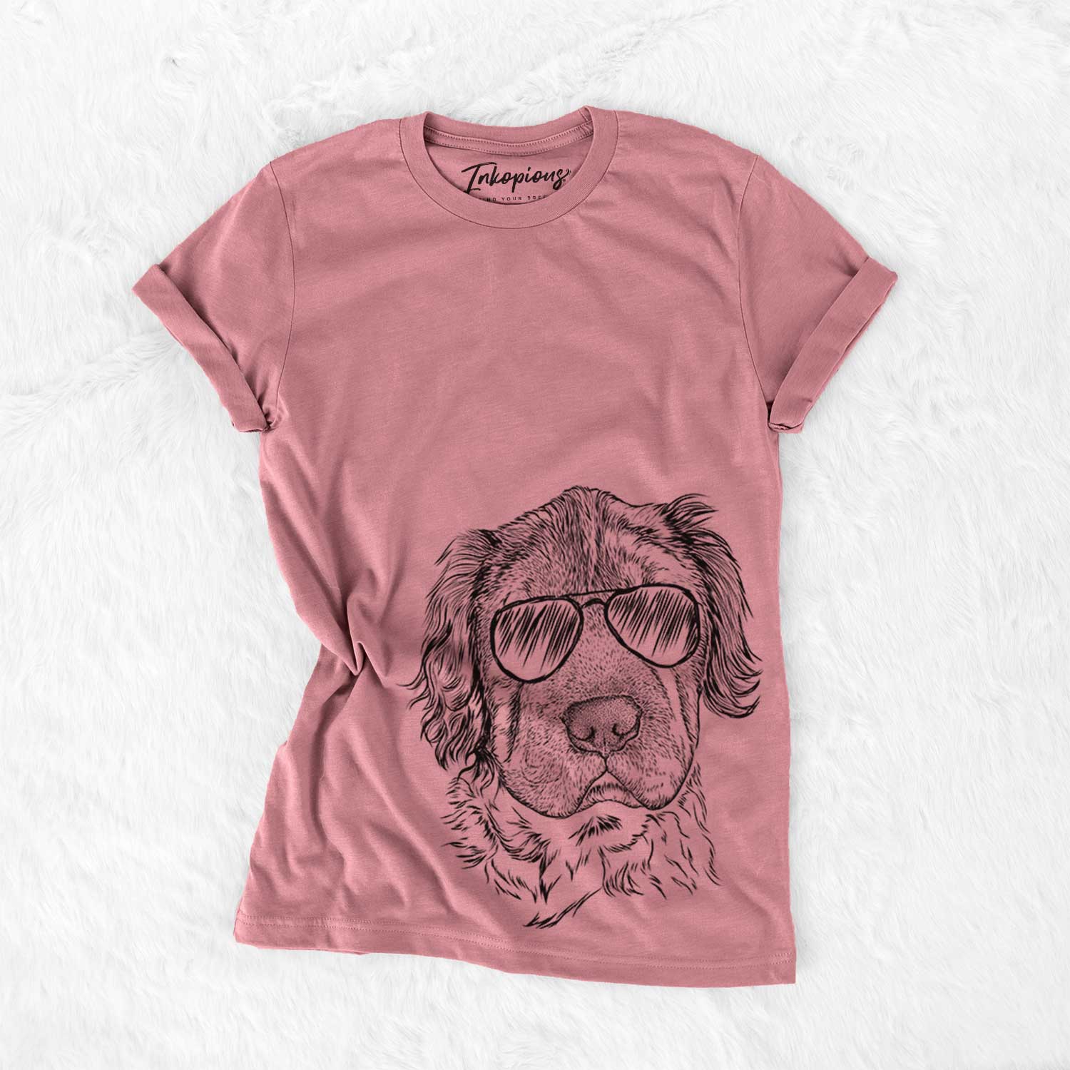 Hand-drawn sketch of Rex the Mini Hippo wearing aviator sunglasses on a Mauve Bella Canvas Unisex Crewneck