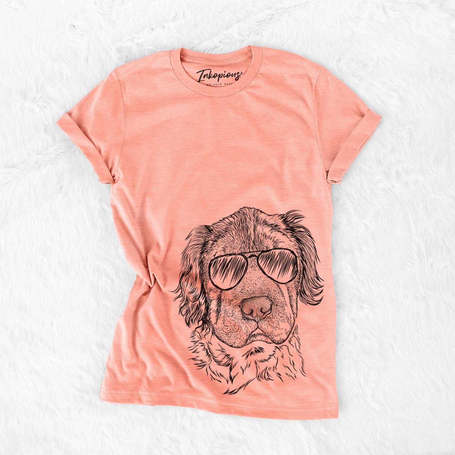 Hand-drawn sketch of Rex the Mini Hippo wearing aviator sunglasses on a Sunset Bella Canvas Unisex Crewneck
