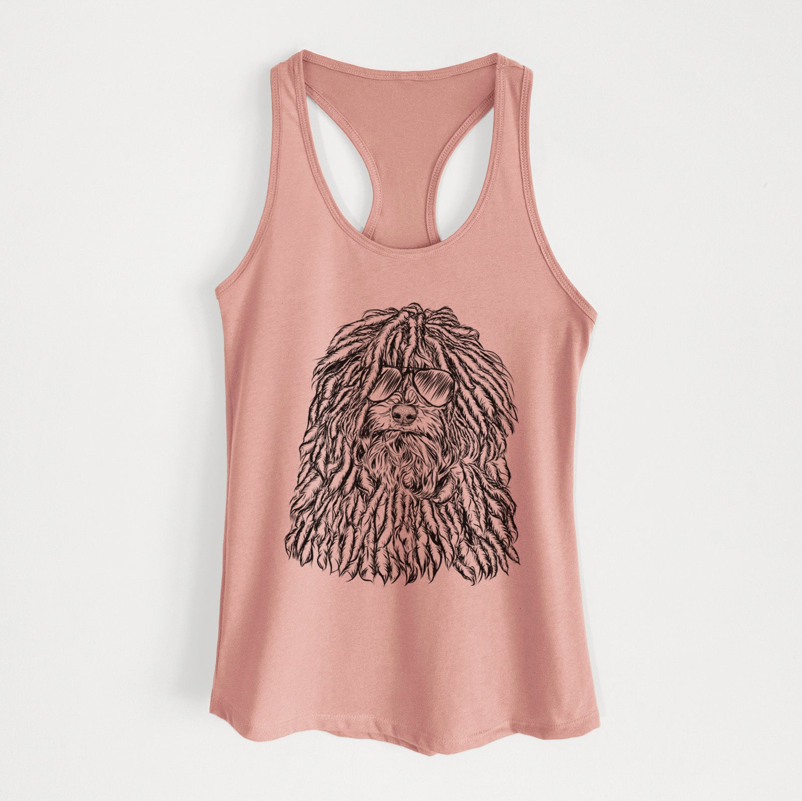 Hand-drawn sketch of Rezi the Puli wearing aviator sunglasses on a Desert Pink Women's racerback tanktop