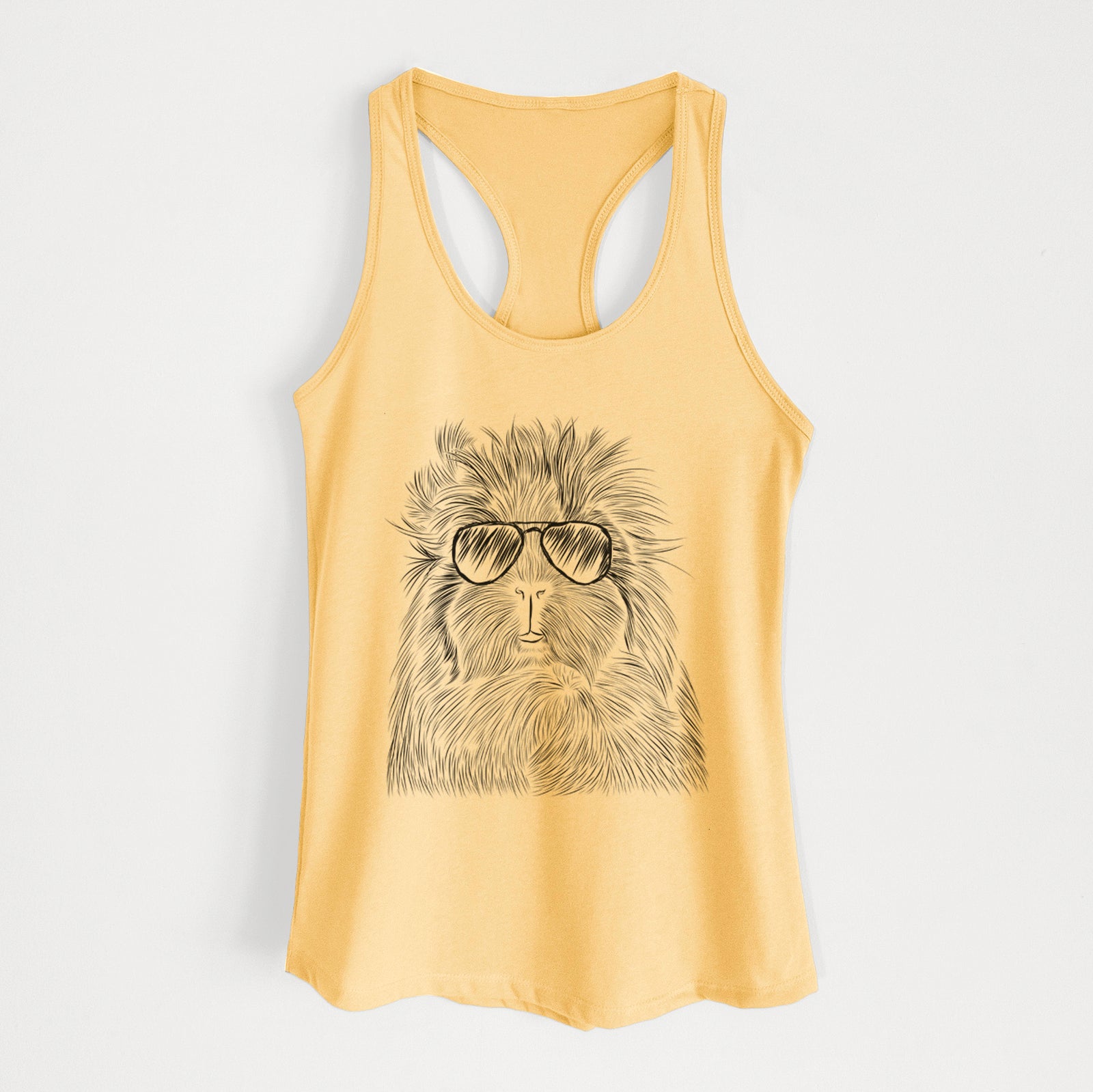 Hand-drawn sketch of Rhino the Guinea Pig wearing aviator sunglasses on a Banana Cream Women's racerback tanktop