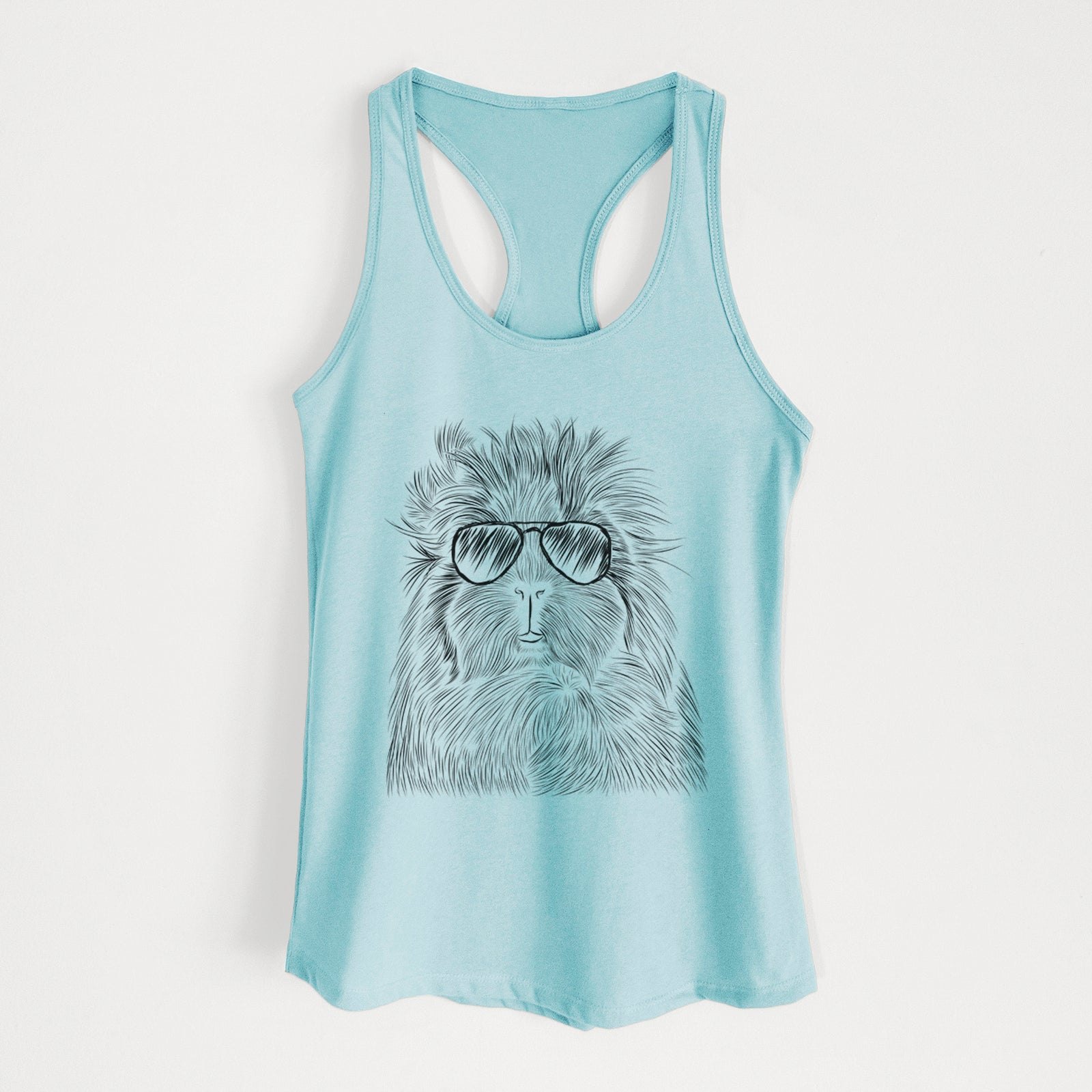Hand-drawn sketch of Rhino the Guinea Pig wearing aviator sunglasses on a Cancun Blue Women's racerback tanktop