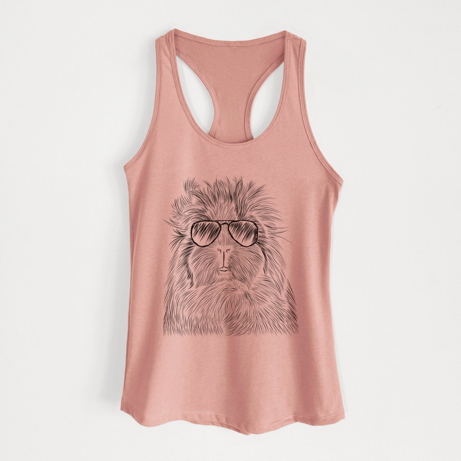 Hand-drawn sketch of Rhino the Guinea Pig wearing aviator sunglasses on a Desert Pink Women's racerback tanktop