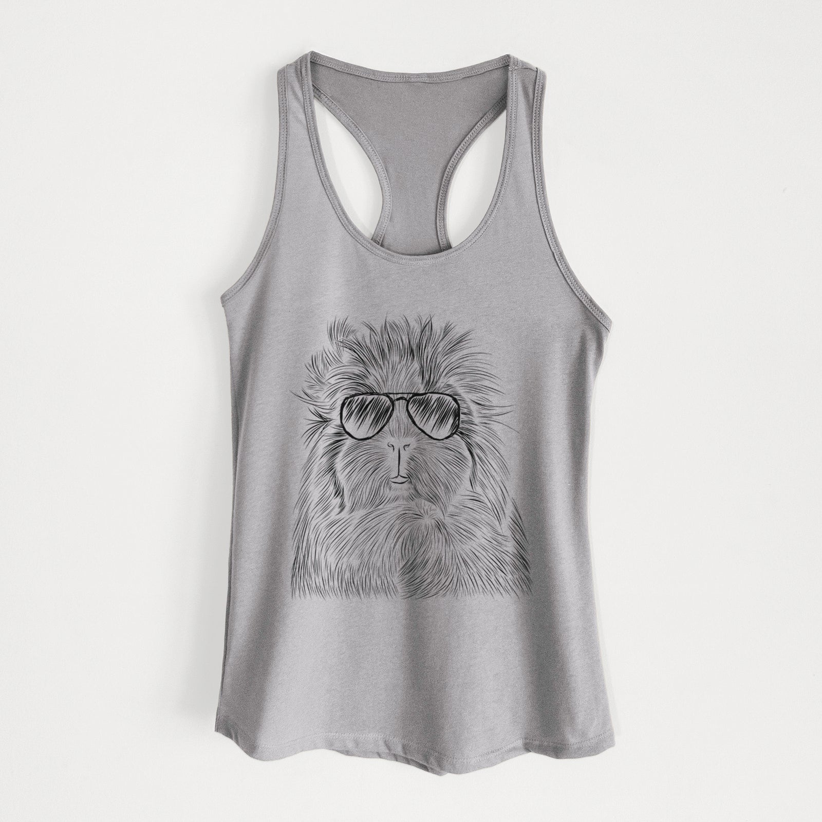 Hand-drawn sketch of Rhino the Guinea Pig wearing aviator sunglasses on a Heather Grey Women's racerback tanktop
