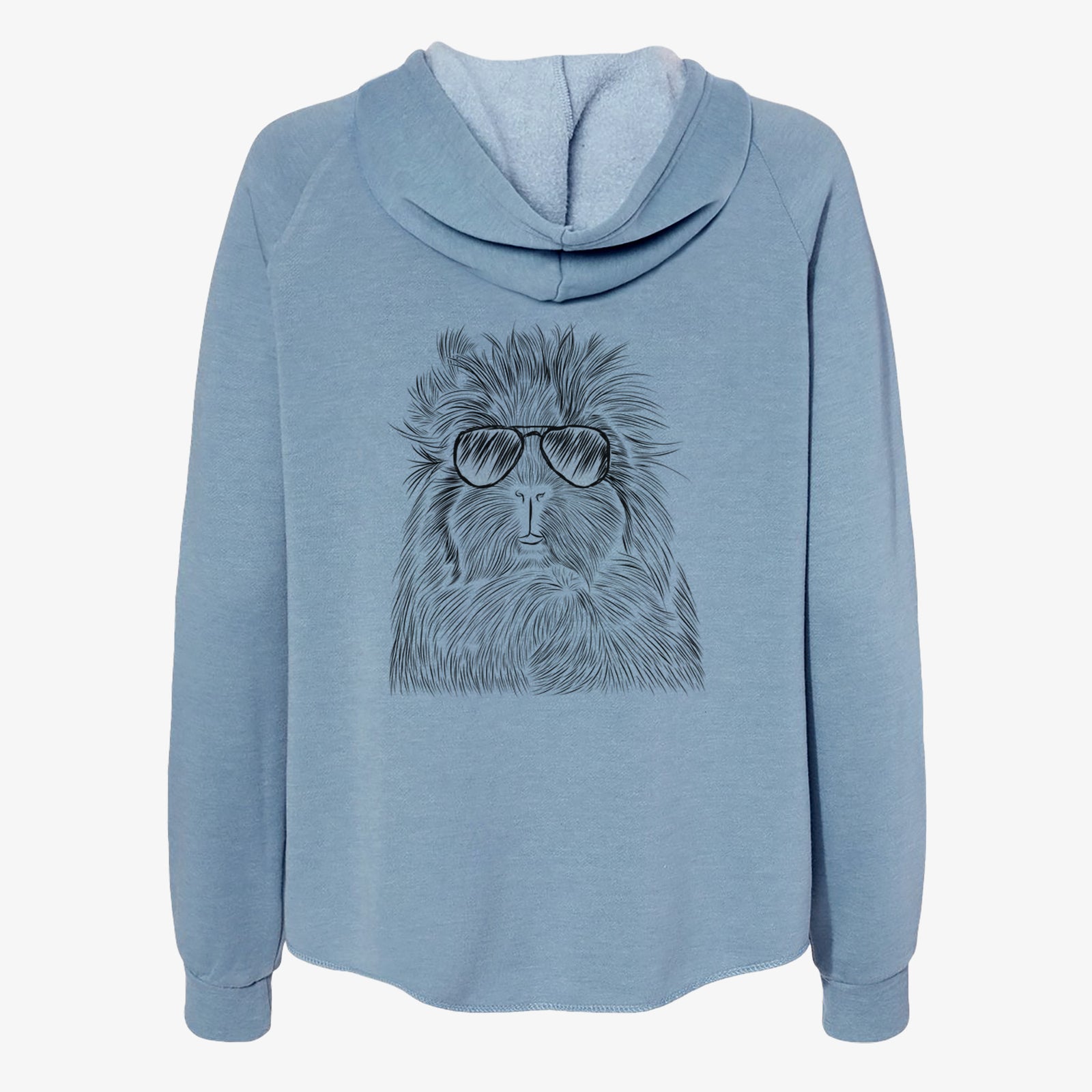 Hand-drawn sketch of Rhino the Guinea Pig wearing aviator sunglasses on a Misty Blue Women's cali wave zip-up sweatshirt