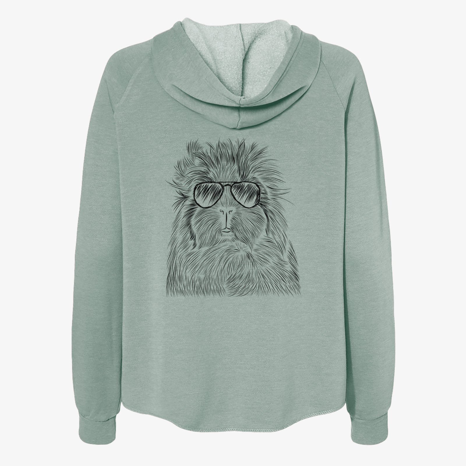 Hand-drawn sketch of Rhino the Guinea Pig wearing aviator sunglasses on a Sage Women's cali wave zip-up sweatshirt