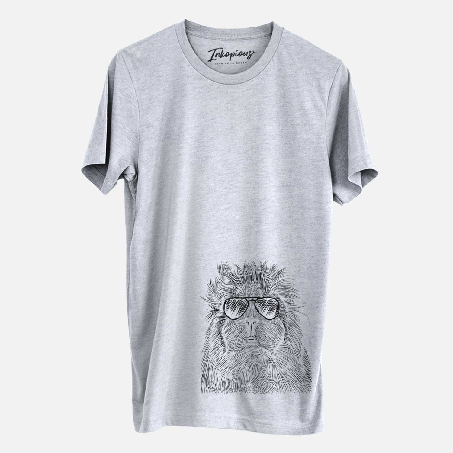 Hand-drawn sketch of Rhino the Guinea Pig wearing aviator sunglasses on a Grey Unisex crewneck