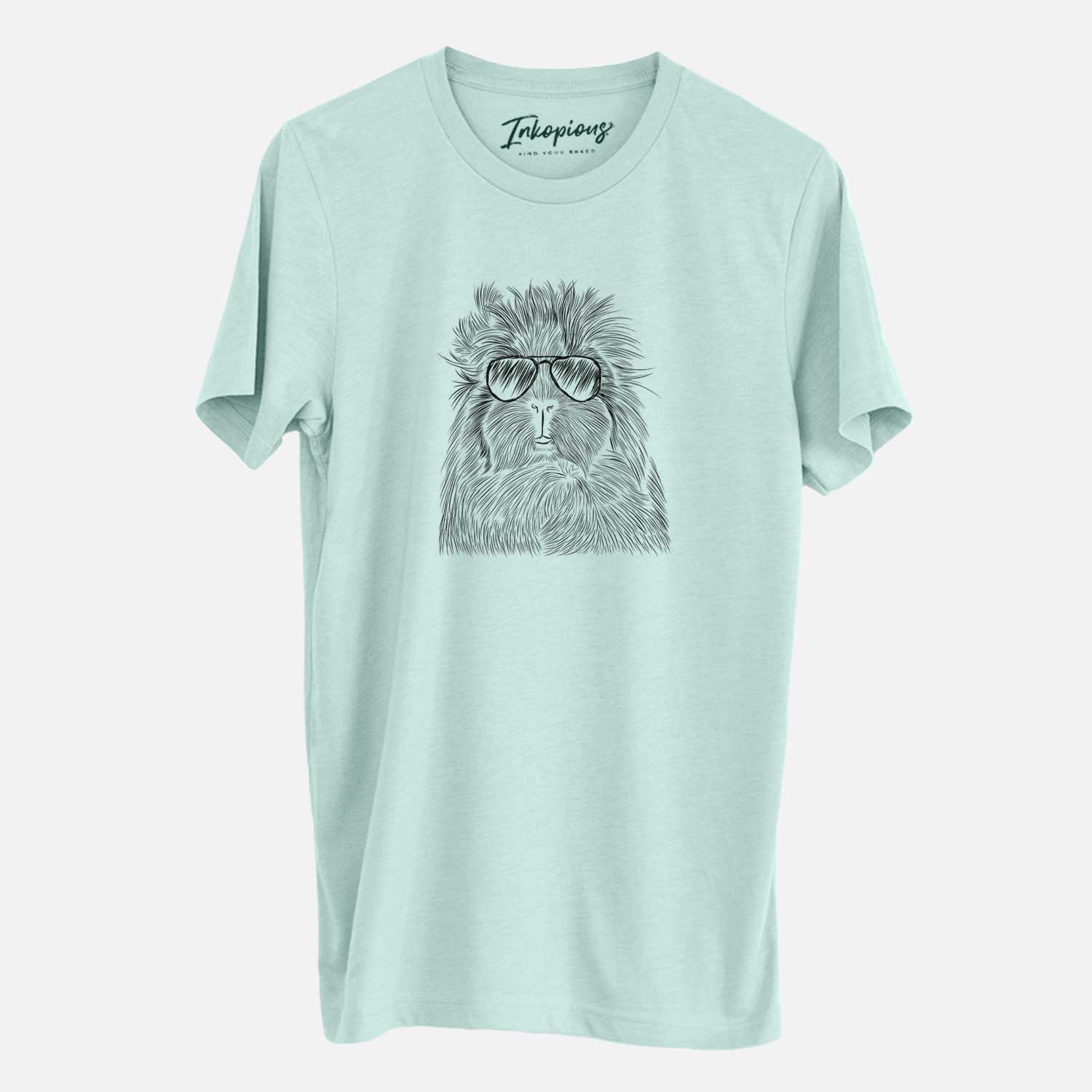 Hand-drawn sketch of Rhino the Guinea Pig wearing aviator sunglasses on a Heather Sage Unisex crewneck