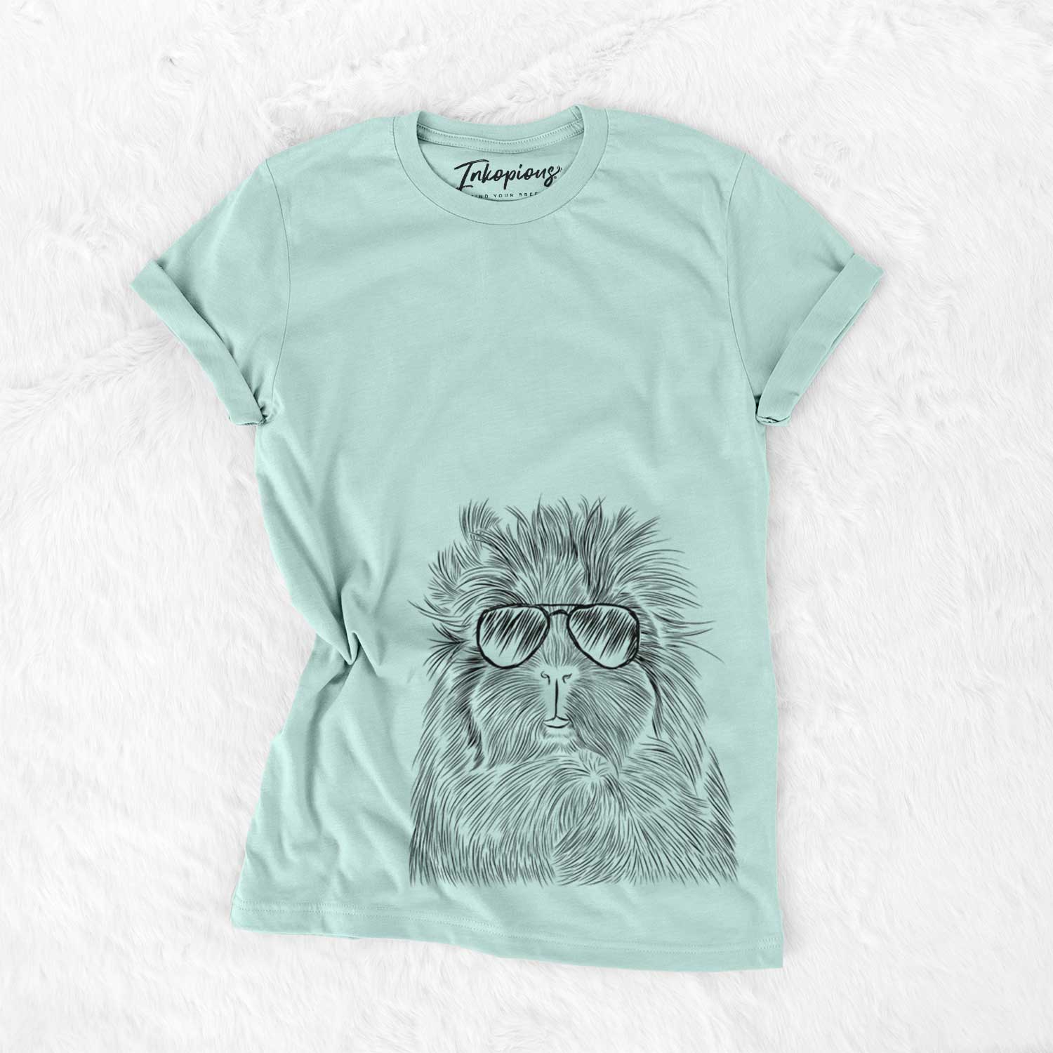 Hand-drawn sketch of Rhino the Guinea Pig wearing aviator sunglasses on a Heather Sage Unisex crewneck