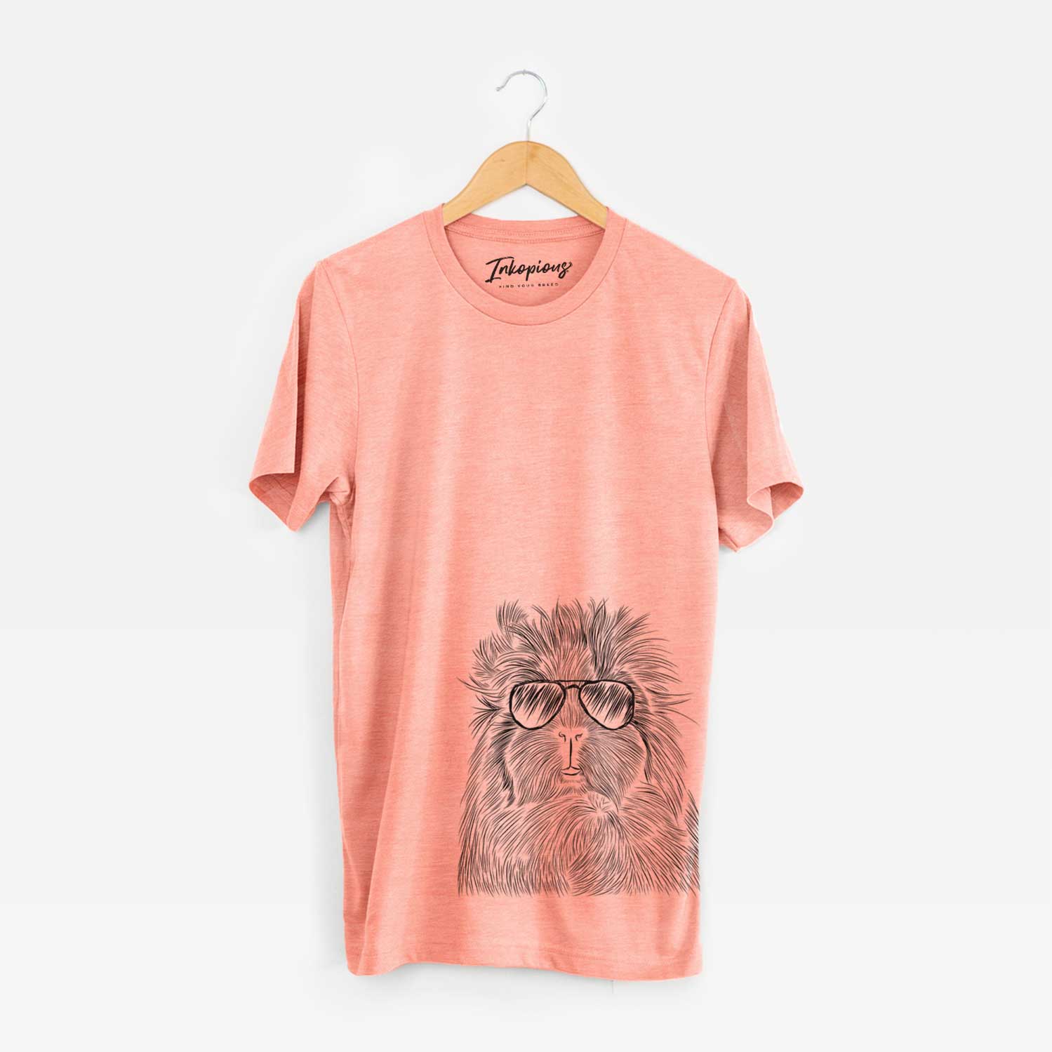 Hand-drawn sketch of Rhino the Guinea Pig wearing aviator sunglasses on a Sunset Unisex crewneck