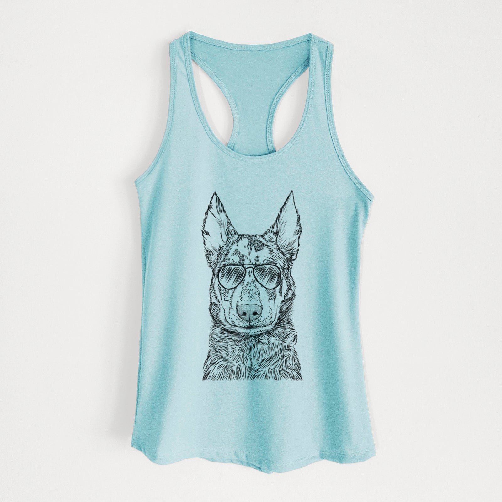 Hand-drawn sketch of Riggs the Beauceron wearing aviator sunglasses on a Cancun Blue Women's racerback tanktop