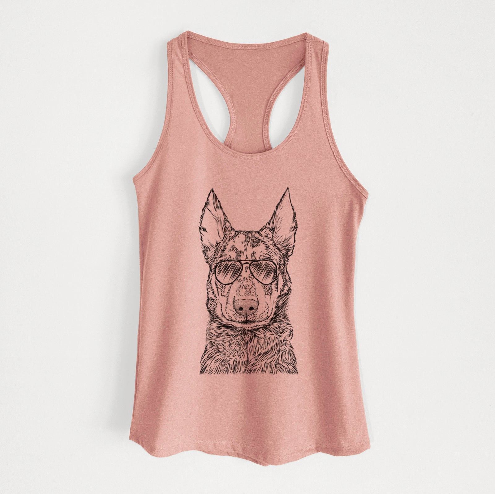 Hand-drawn sketch of Riggs the Beauceron wearing aviator sunglasses on a Desert Pink Women's racerback tanktop