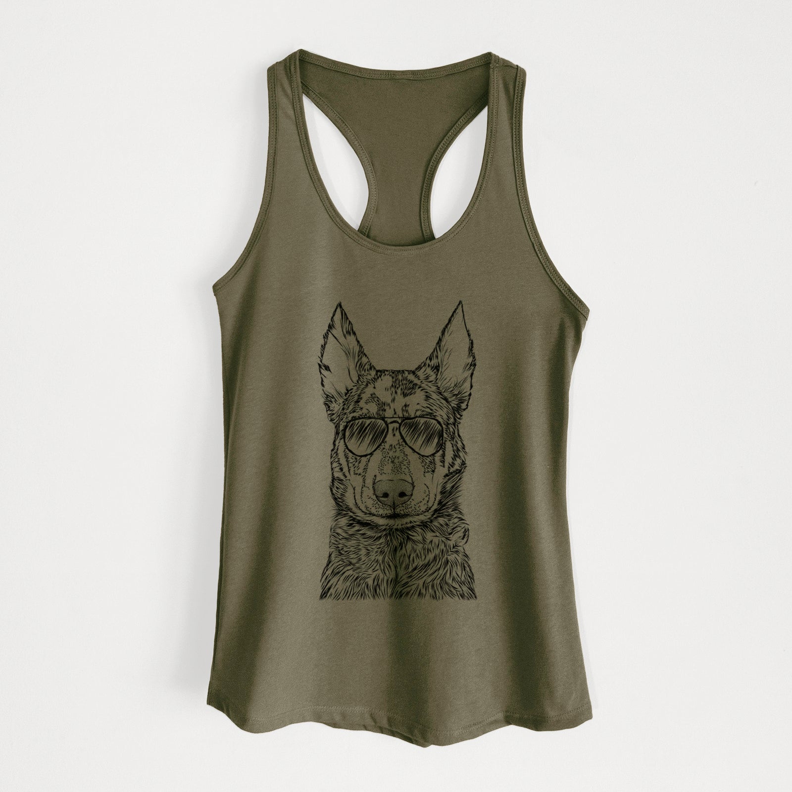Hand-drawn sketch of Riggs the Beauceron wearing aviator sunglasses on a Military Green Women's racerback tanktop