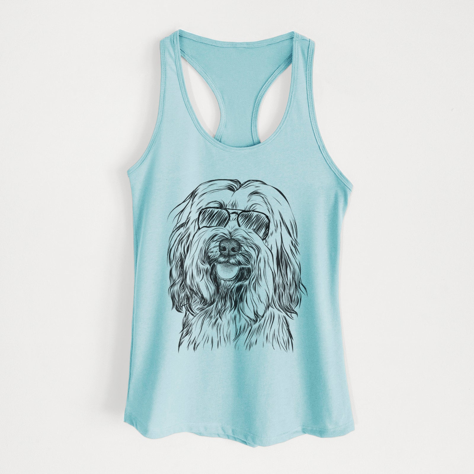 Hand-drawn sketch of Rime the Tibetan Terrier wearing aviator sunglasses on a Cancun Blue Women's racerback tanktop