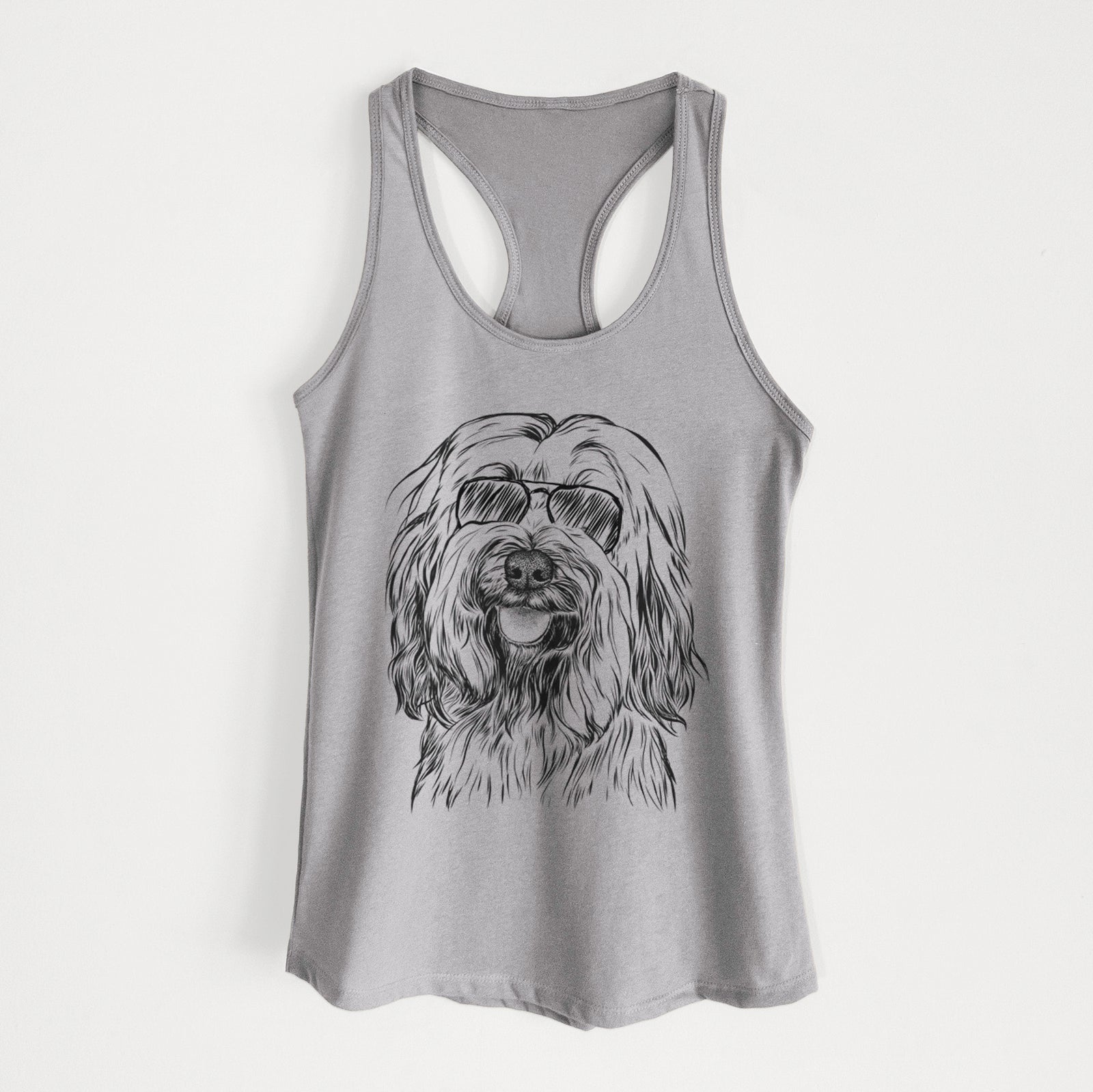 Hand-drawn sketch of Rime the Tibetan Terrier wearing aviator sunglasses on a Heather Grey Women's racerback tanktop
