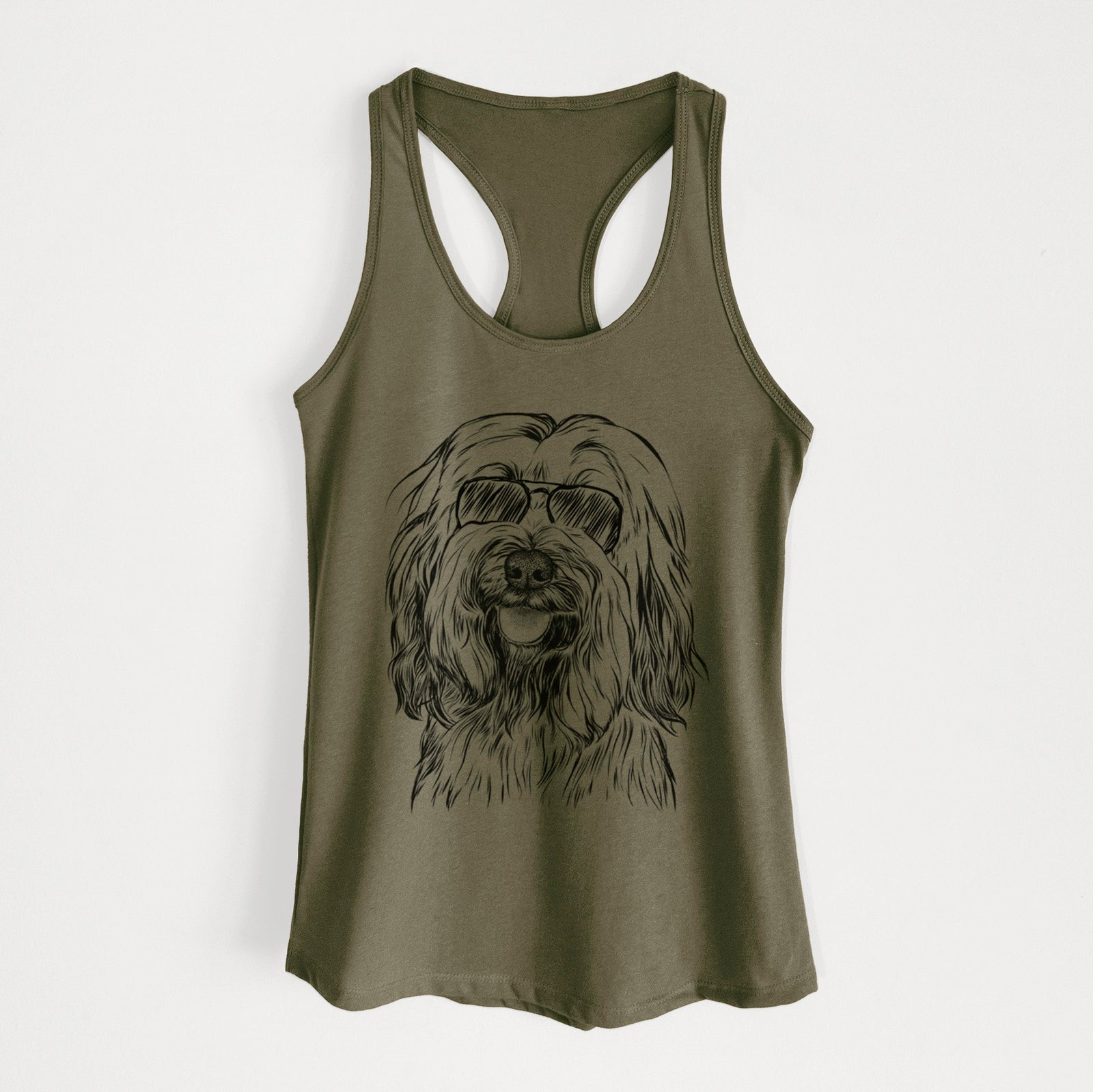 Hand-drawn sketch of Rime the Tibetan Terrier wearing aviator sunglasses on a Military Green Women's racerback tanktop