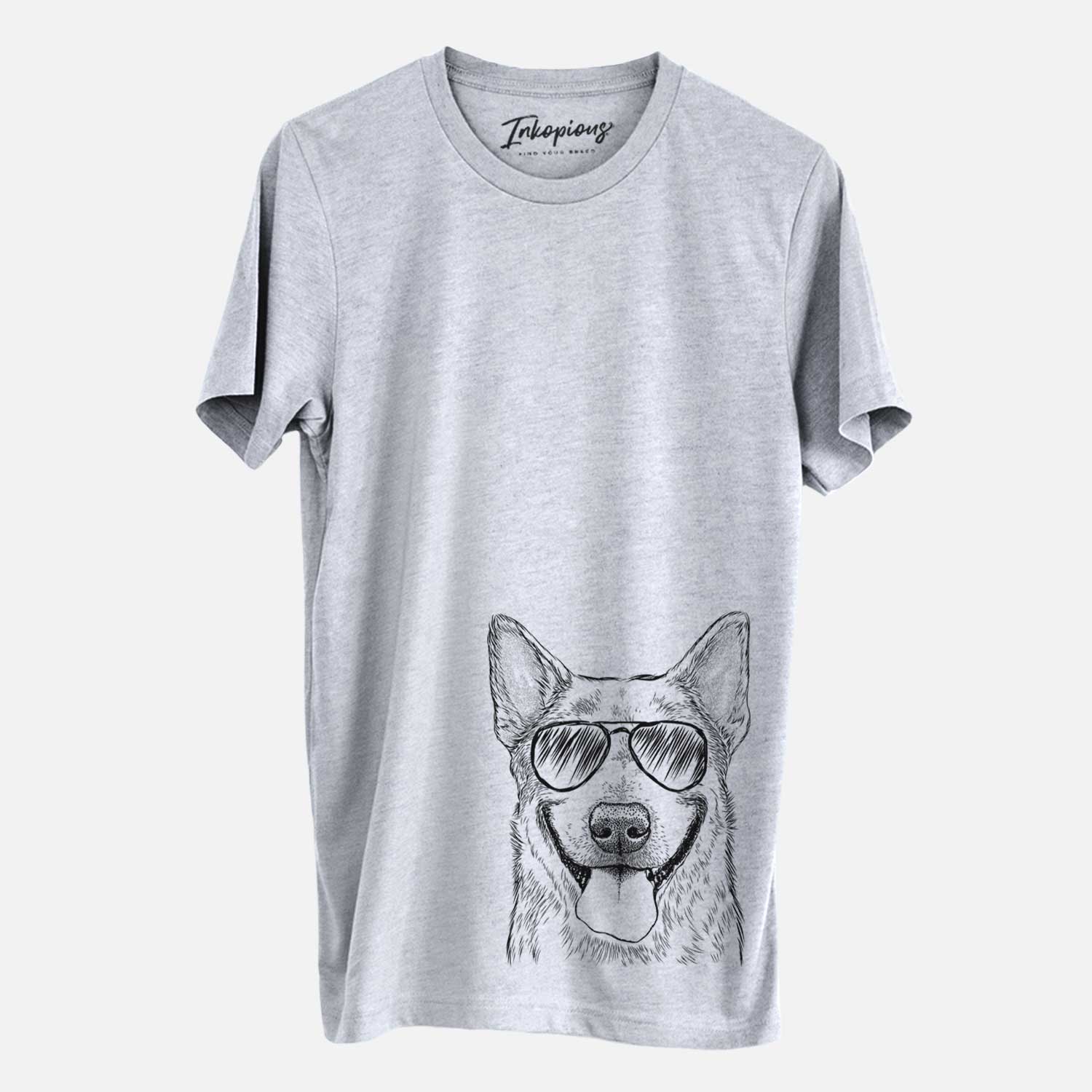 Hand-drawn sketch of Rio the Australian Cattle Dog wearing aviator sunglasses on a Grey Unisex crewneck