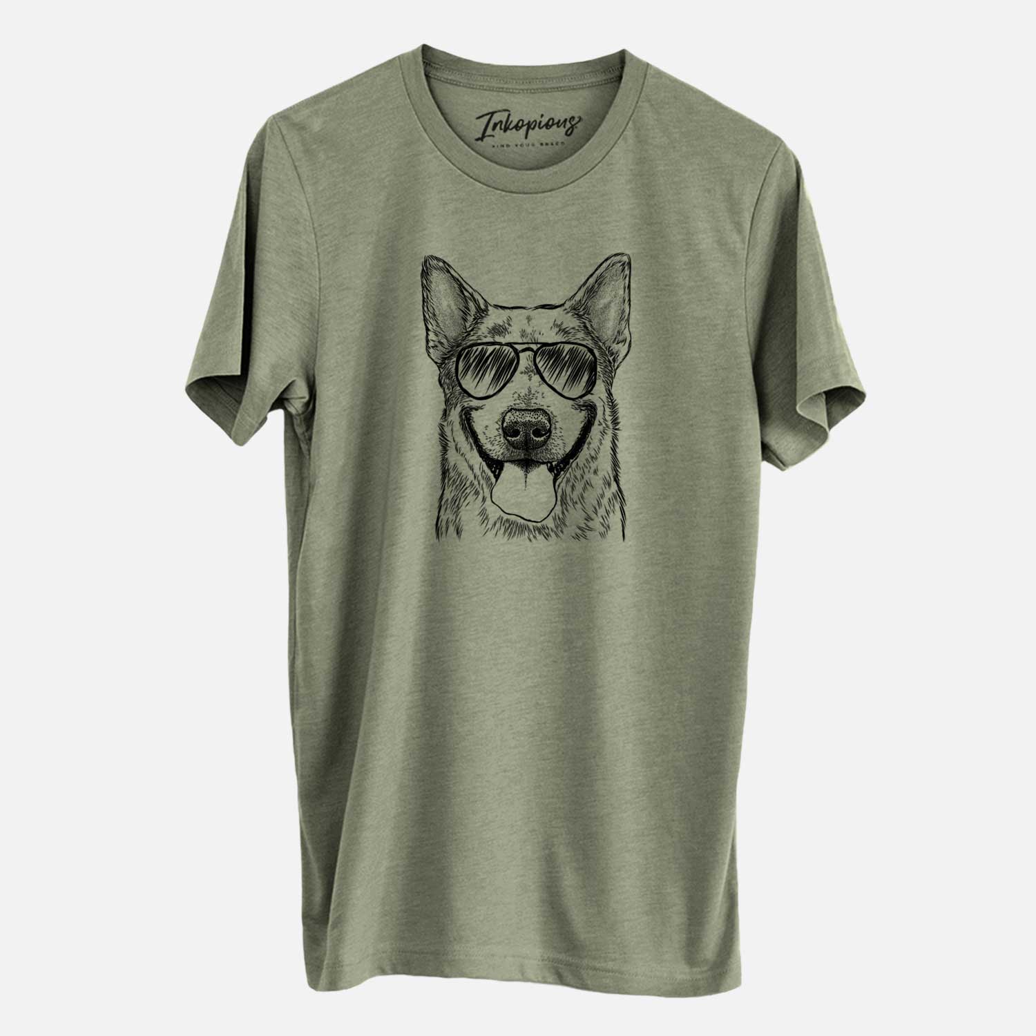 Hand-drawn sketch of Rio the Australian Cattle Dog wearing aviator sunglasses on an Olive Unisex crewneck