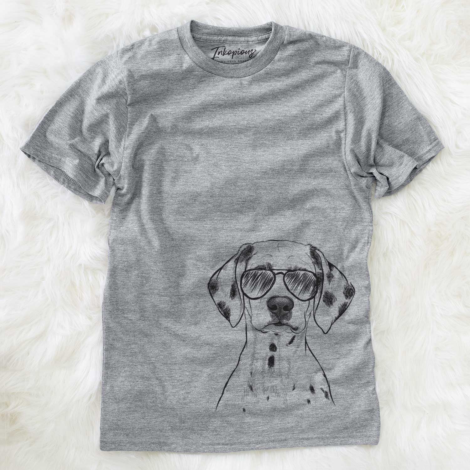 Hand-drawn sketch of Riot the Dalmatian wearing aviator sunglasses on a Grey Unisex crewneck