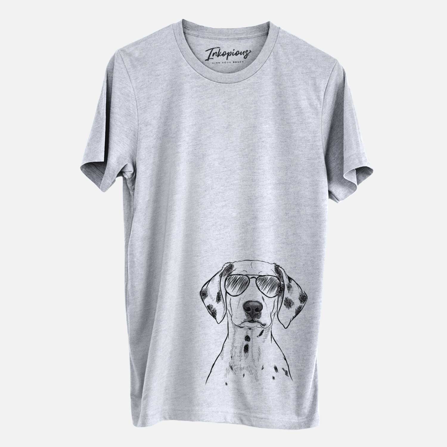 Hand-drawn sketch of Riot the Dalmatian wearing aviator sunglasses on a Grey Unisex crewneck