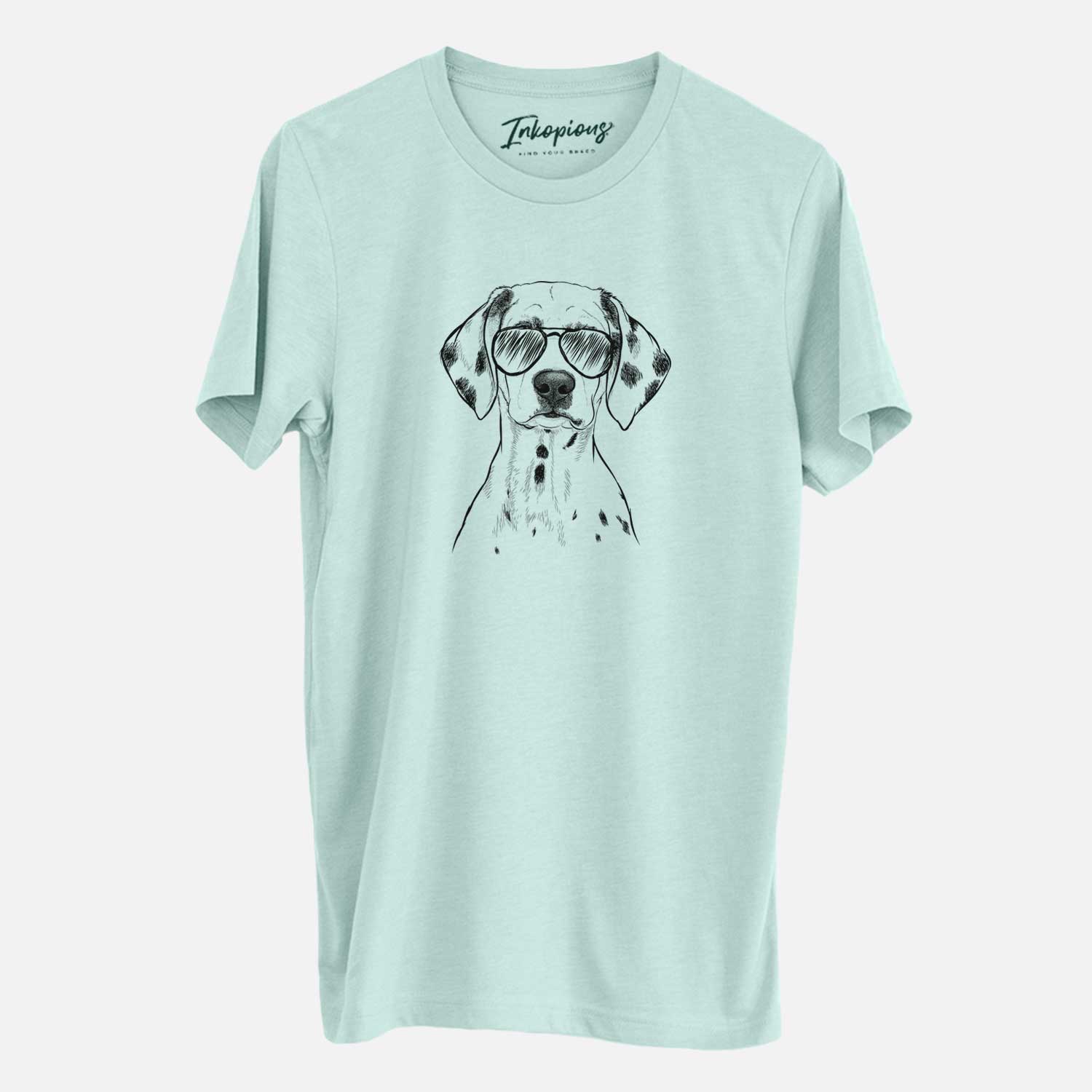 Hand-drawn sketch of Riot the Dalmatian wearing aviator sunglasses on a Heather Sage Unisex crewneck