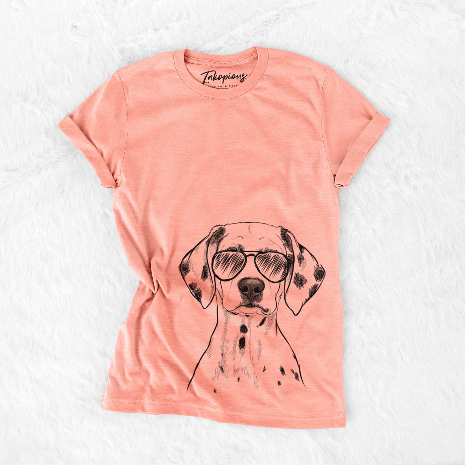 Hand-drawn sketch of Riot the Dalmatian wearing aviator sunglasses on a Sunset Bella Canvas Unisex Crewneck