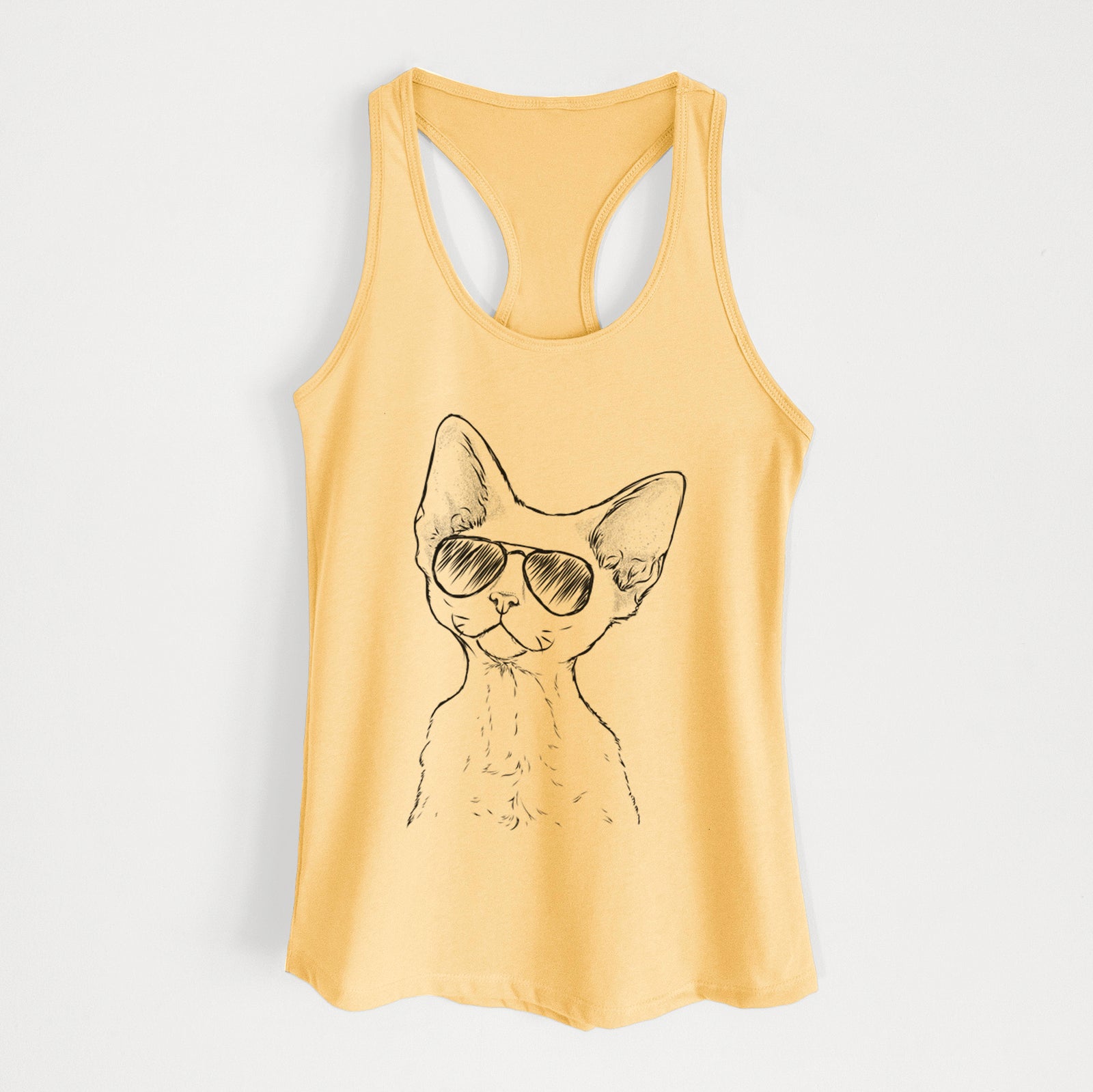 Hand-drawn sketch of Ripley the Devon Rex Cat wearing aviator sunglasses on a Banana Cream Women's racerback tanktop