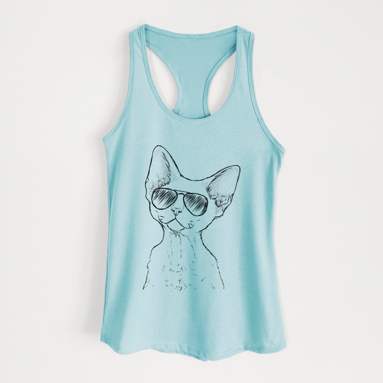 Hand-drawn sketch of Ripley the Devon Rex Cat wearing aviator sunglasses on a Cancun Blue Women's racerback tanktop