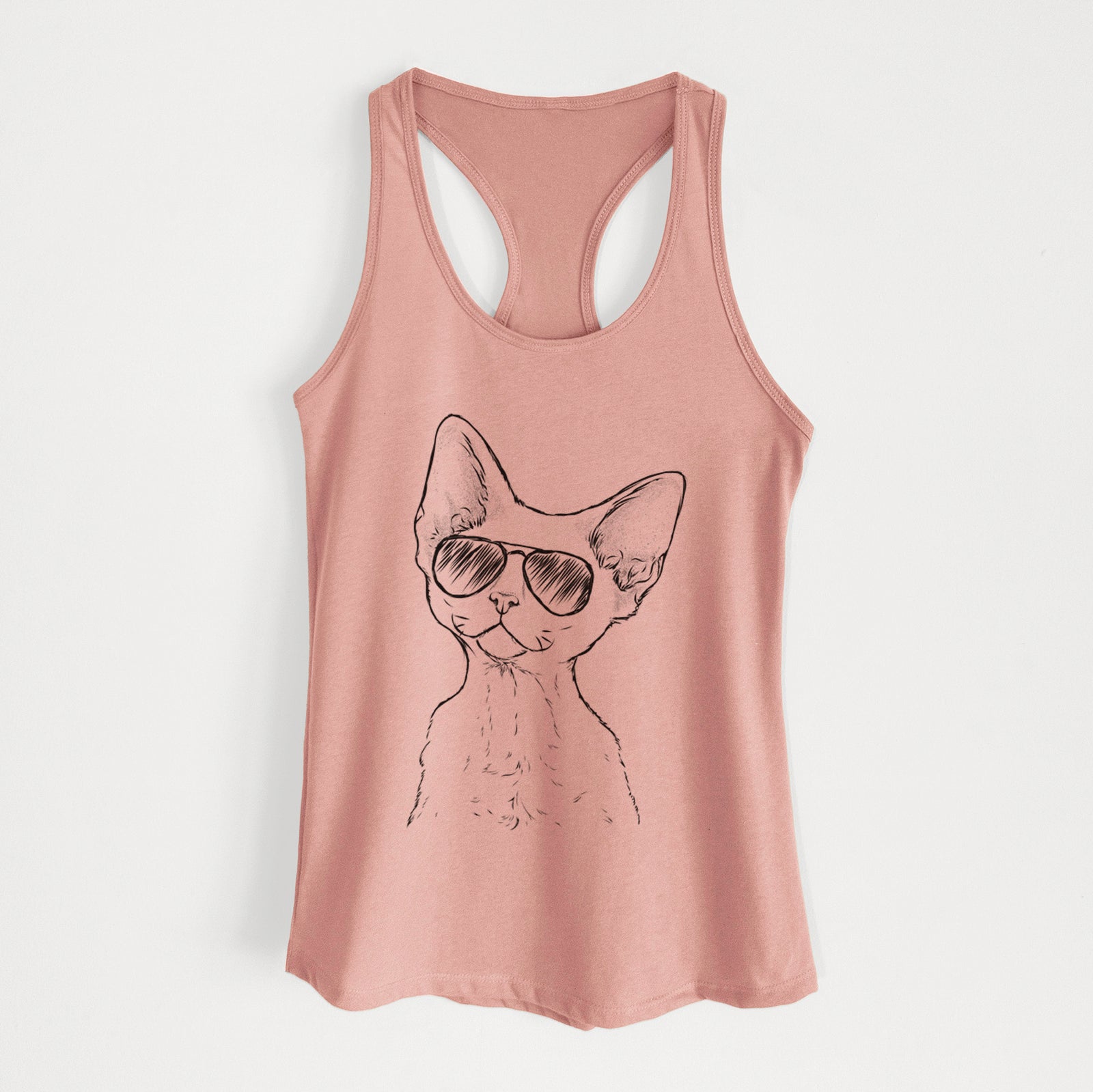 Hand-drawn sketch of Ripley the Devon Rex Cat wearing aviator sunglasses on a Desert Pink Women's racerback tanktop
