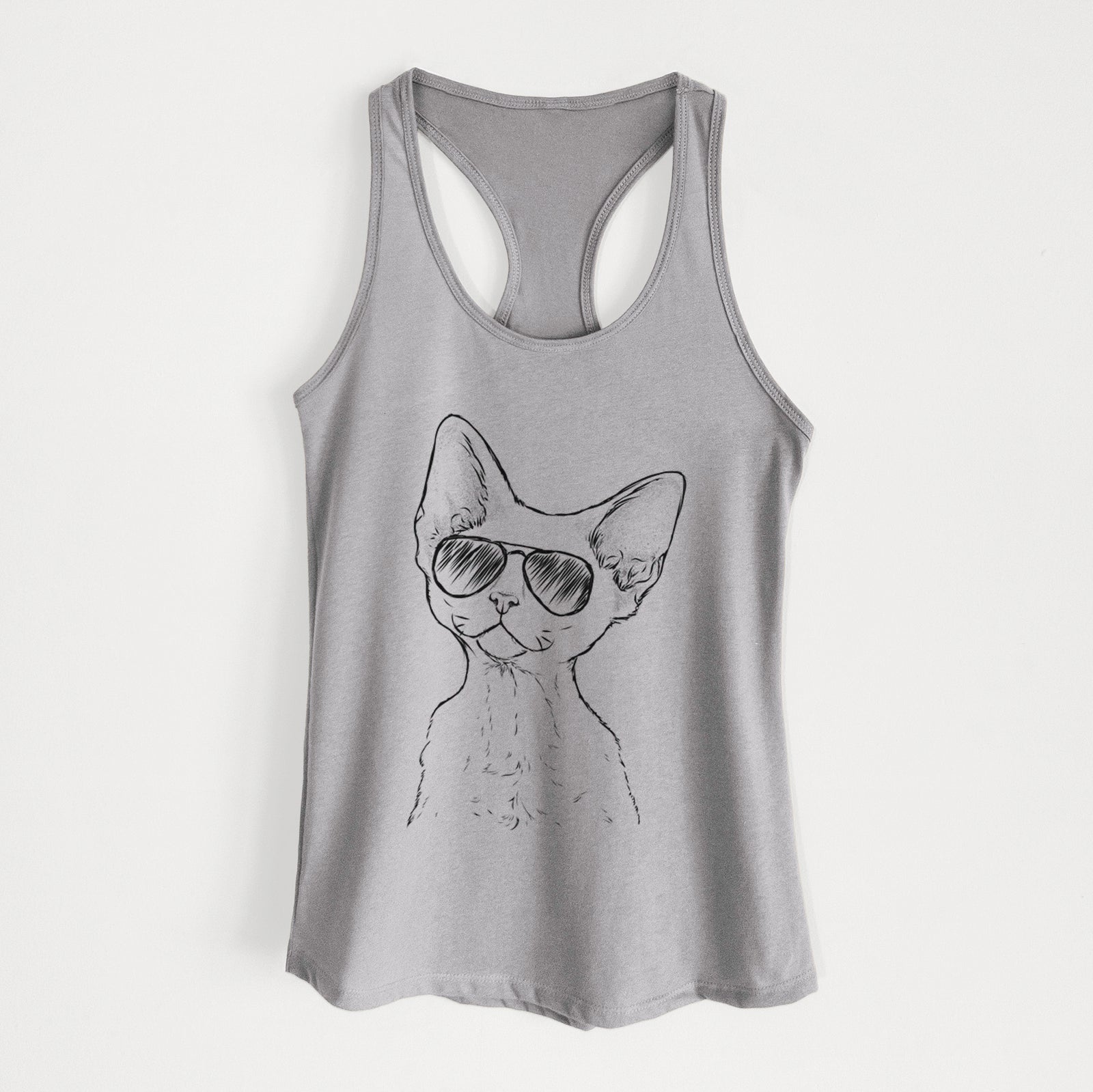 Hand-drawn sketch of Ripley the Devon Rex Cat wearing aviator sunglasses on a Heather Grey Women's racerback tanktop