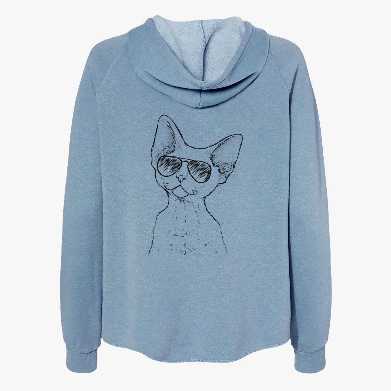 Hand-drawn sketch of Ripley the Devon Rex Cat wearing aviator sunglasses on a Misty Blue Women's cali wave zip-up sweatshirt