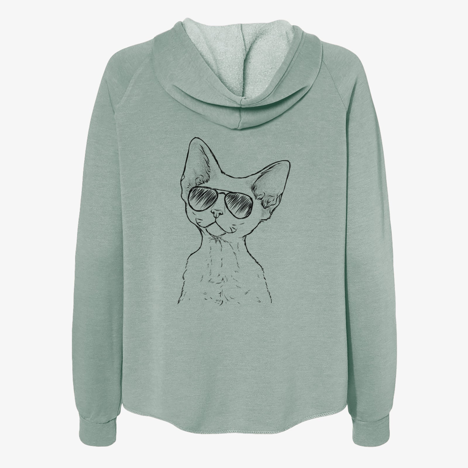 Hand-drawn sketch of Ripley the Devon Rex Cat wearing aviator sunglasses on a Sage Women's cali wave zip-up sweatshirt