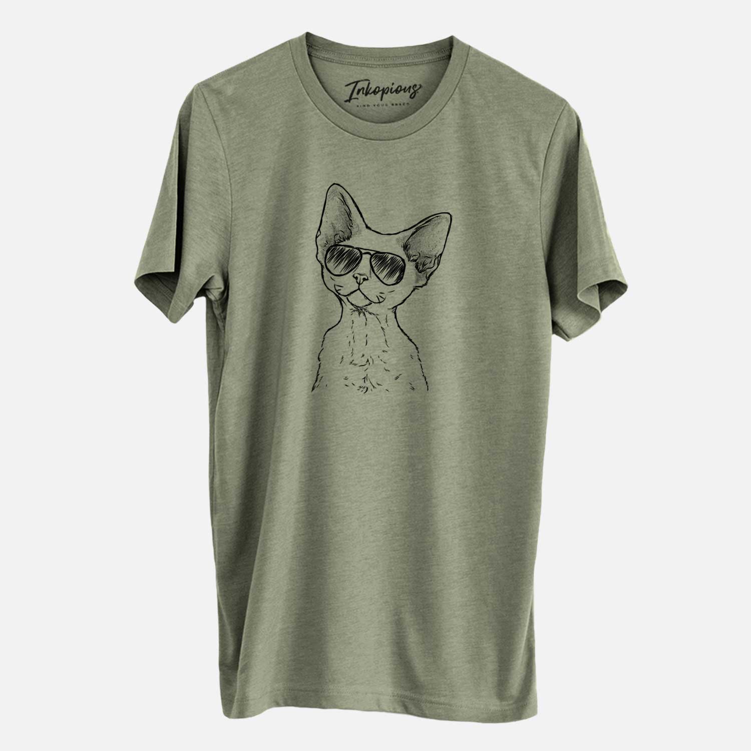 Hand-drawn sketch of Ripley the Devon Rex Cat wearing aviator sunglasses on an Olive Unisex crewneck
