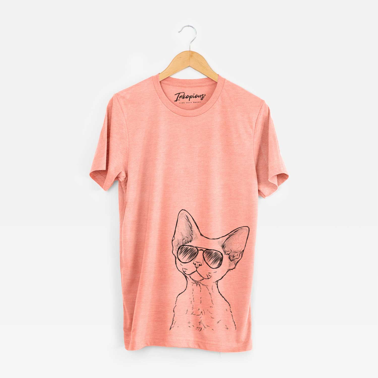 Hand-drawn sketch of Ripley the Devon Rex Cat wearing aviator sunglasses on a Sunset Unisex crewneck