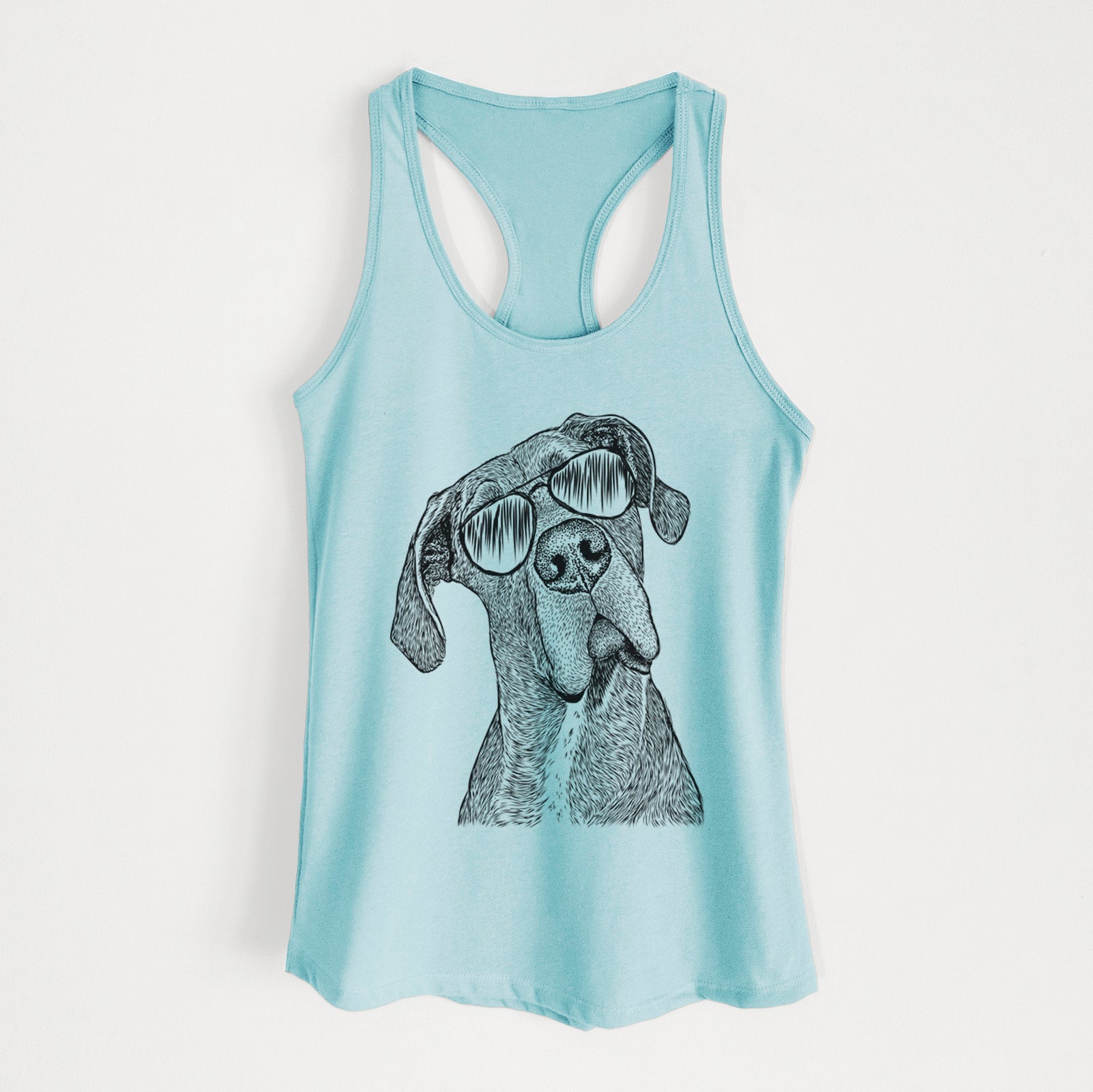 Hand-drawn sketch of River the Great Dane wearing aviator sunglasses on a Cancun Blue Women's racerback tanktop