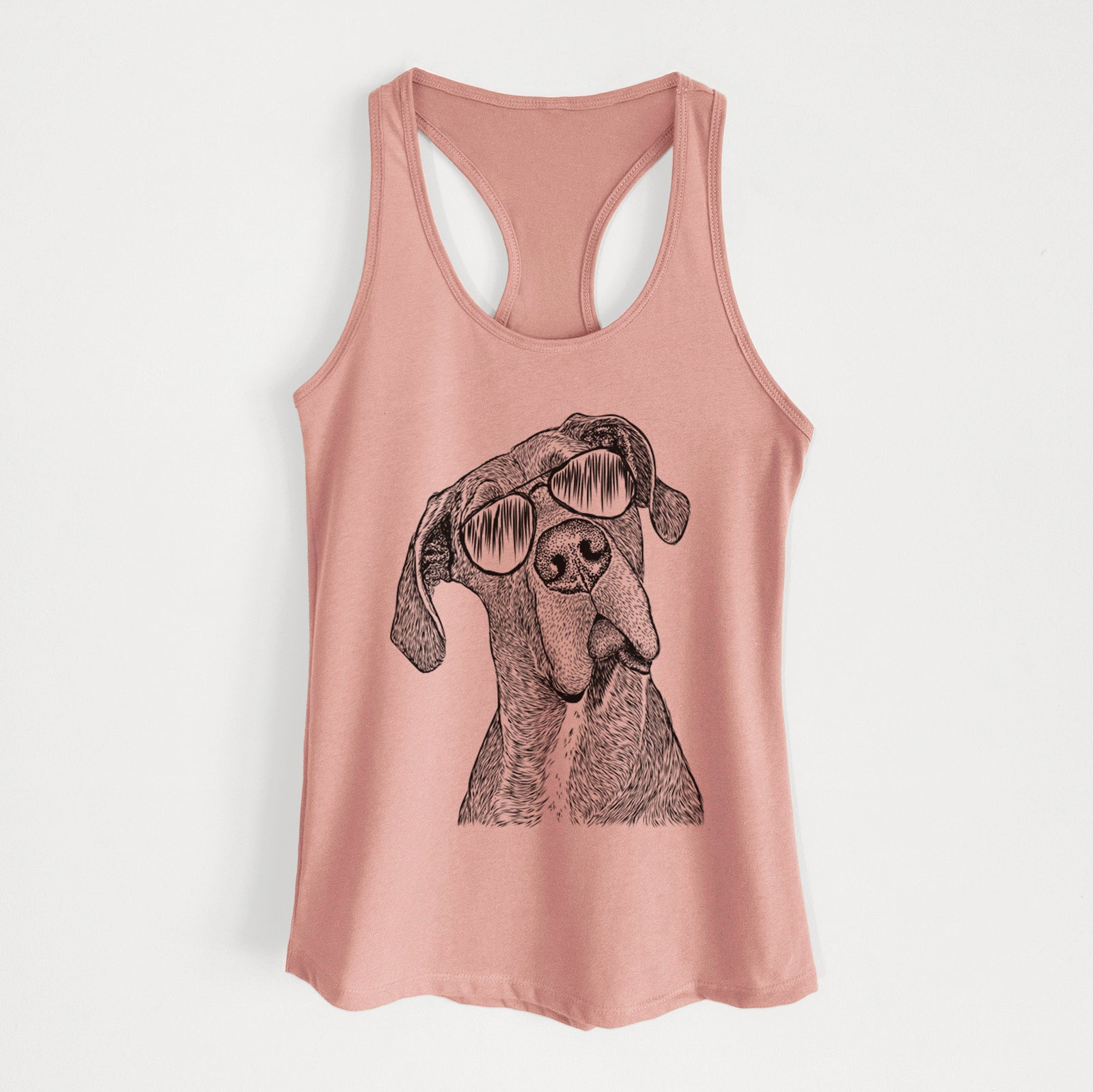 Hand-drawn sketch of River the Great Dane wearing aviator sunglasses on a Desert Pink Women's racerback tanktop