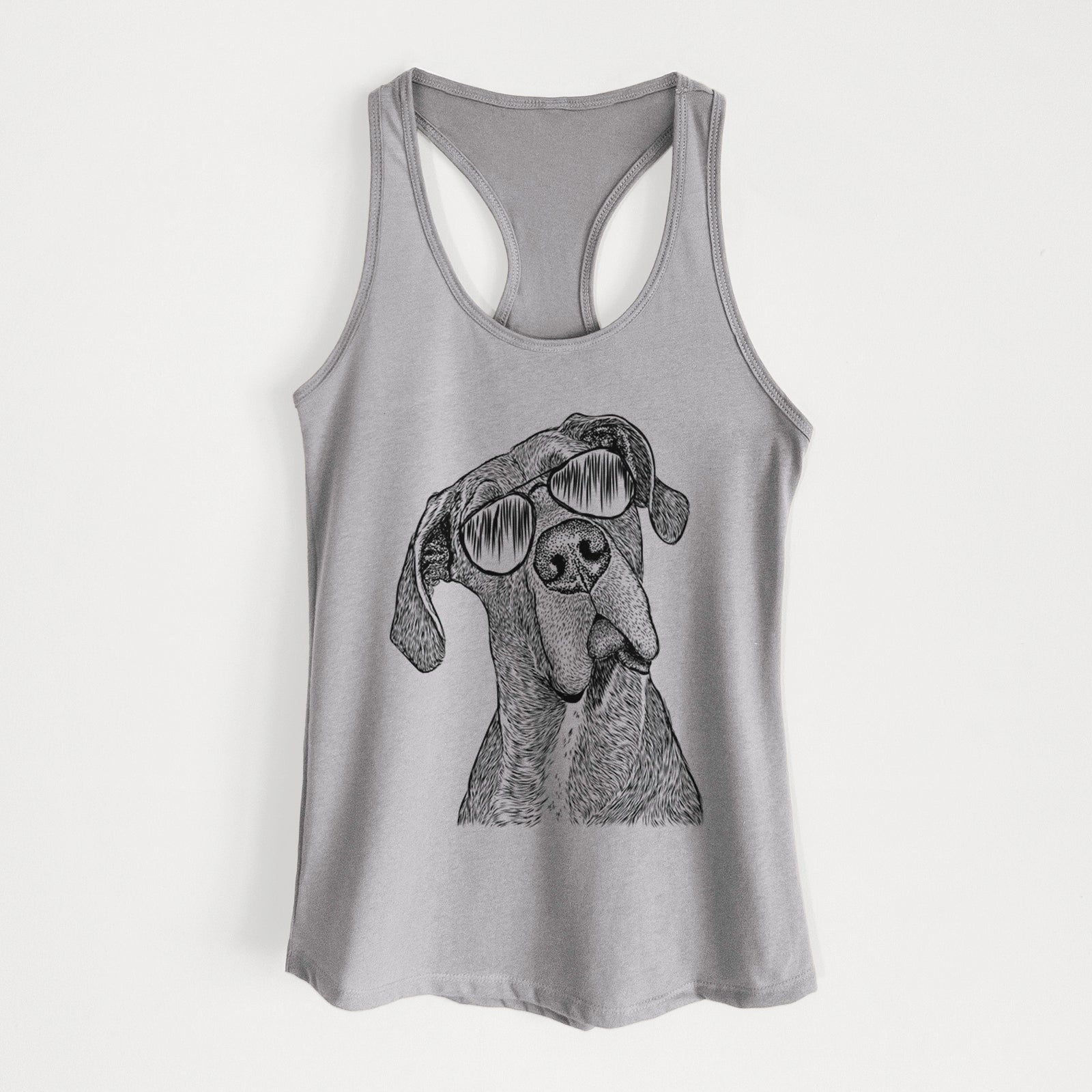 Hand-drawn sketch of River the Great Dane wearing aviator sunglasses on a Heather Grey Women's racerback tanktop