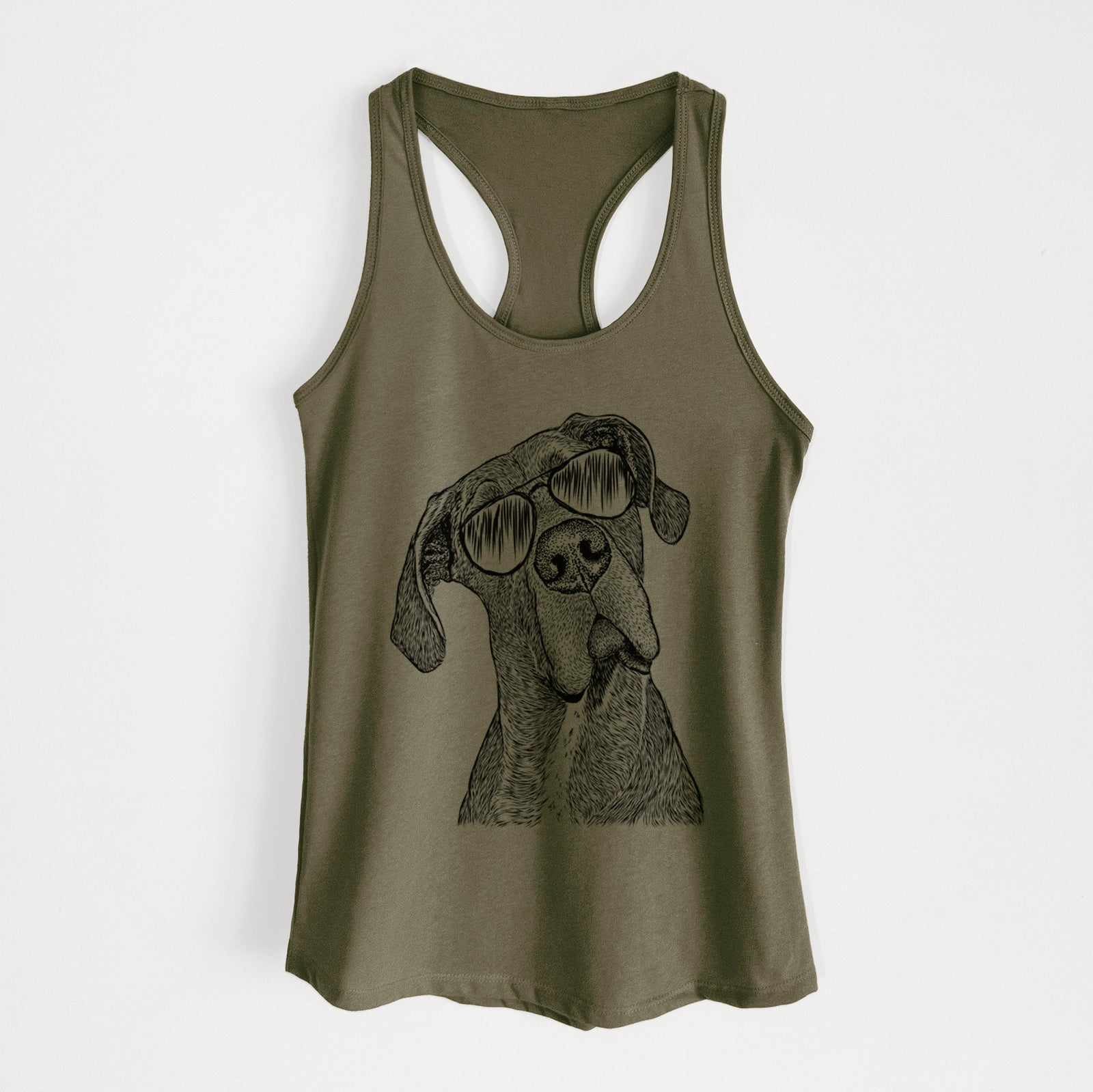 Hand-drawn sketch of River the Great Dane wearing aviator sunglasses on a Military Green Women's racerback tanktop