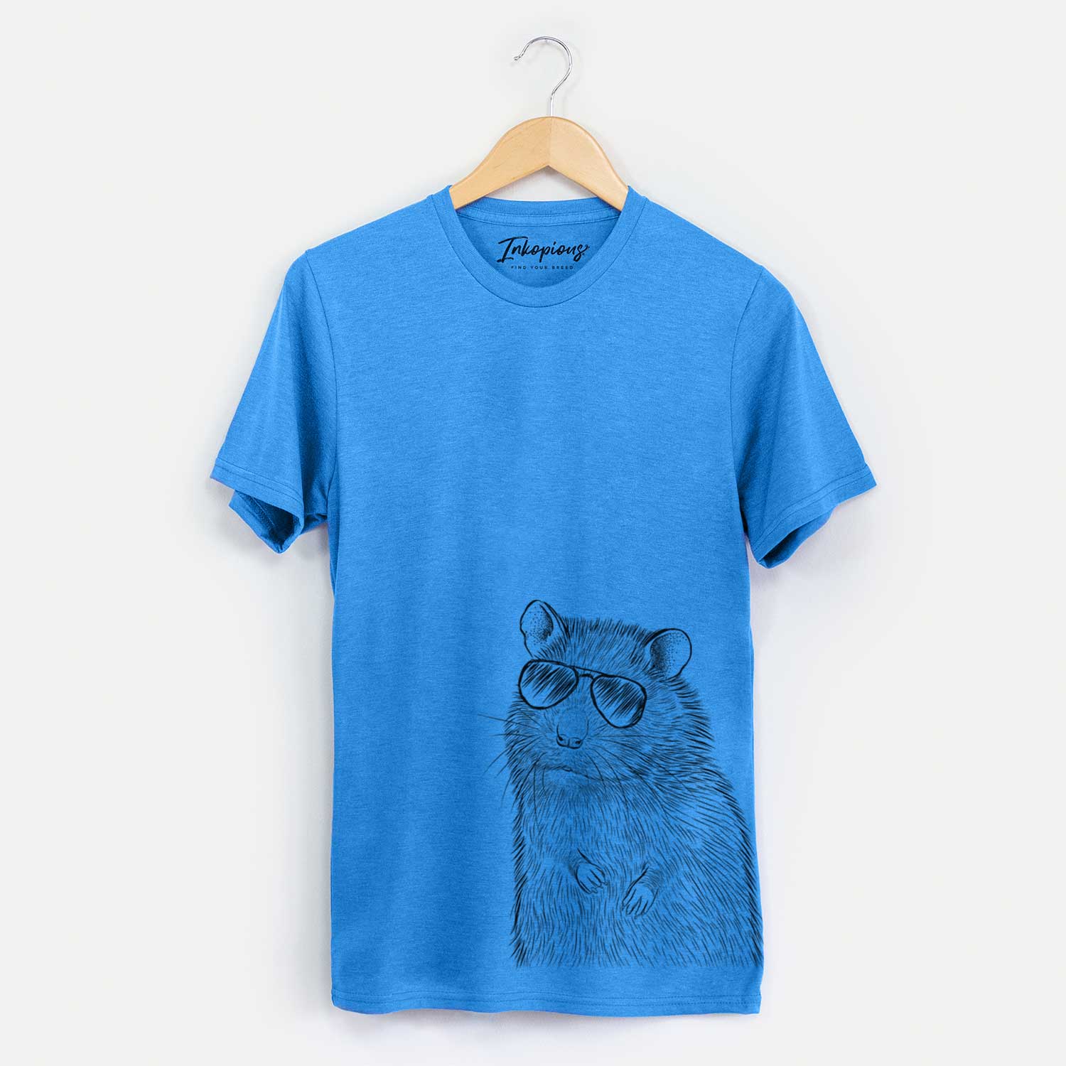 Hand-drawn sketch of Rizzo the Rat wearing aviator sunglasses on a Blue Unisex crewneck