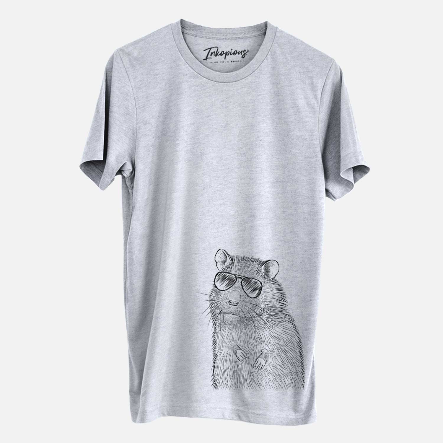 Hand-drawn sketch of Rizzo the Rat wearing aviator sunglasses on a Grey Unisex crewneck