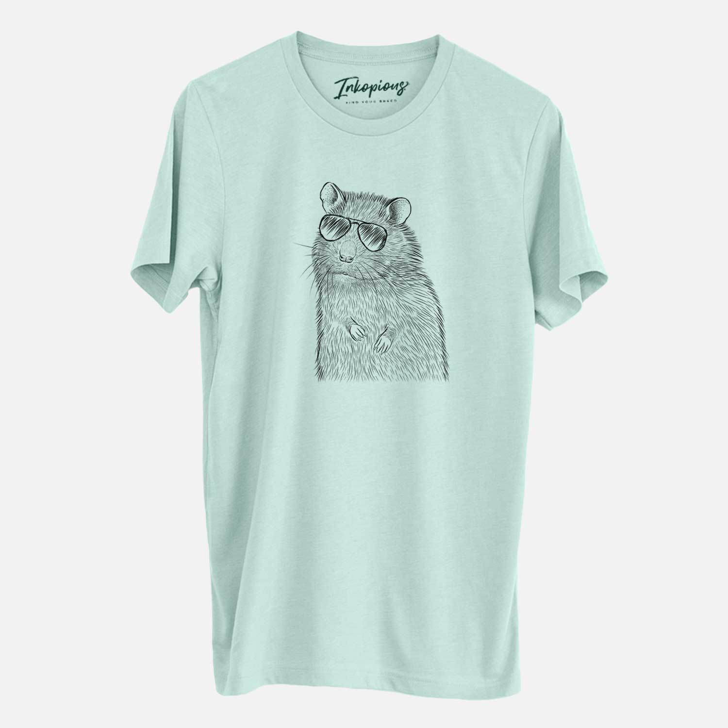 Hand-drawn sketch of Rizzo the Rat wearing aviator sunglasses on a Heather Sage Unisex crewneck