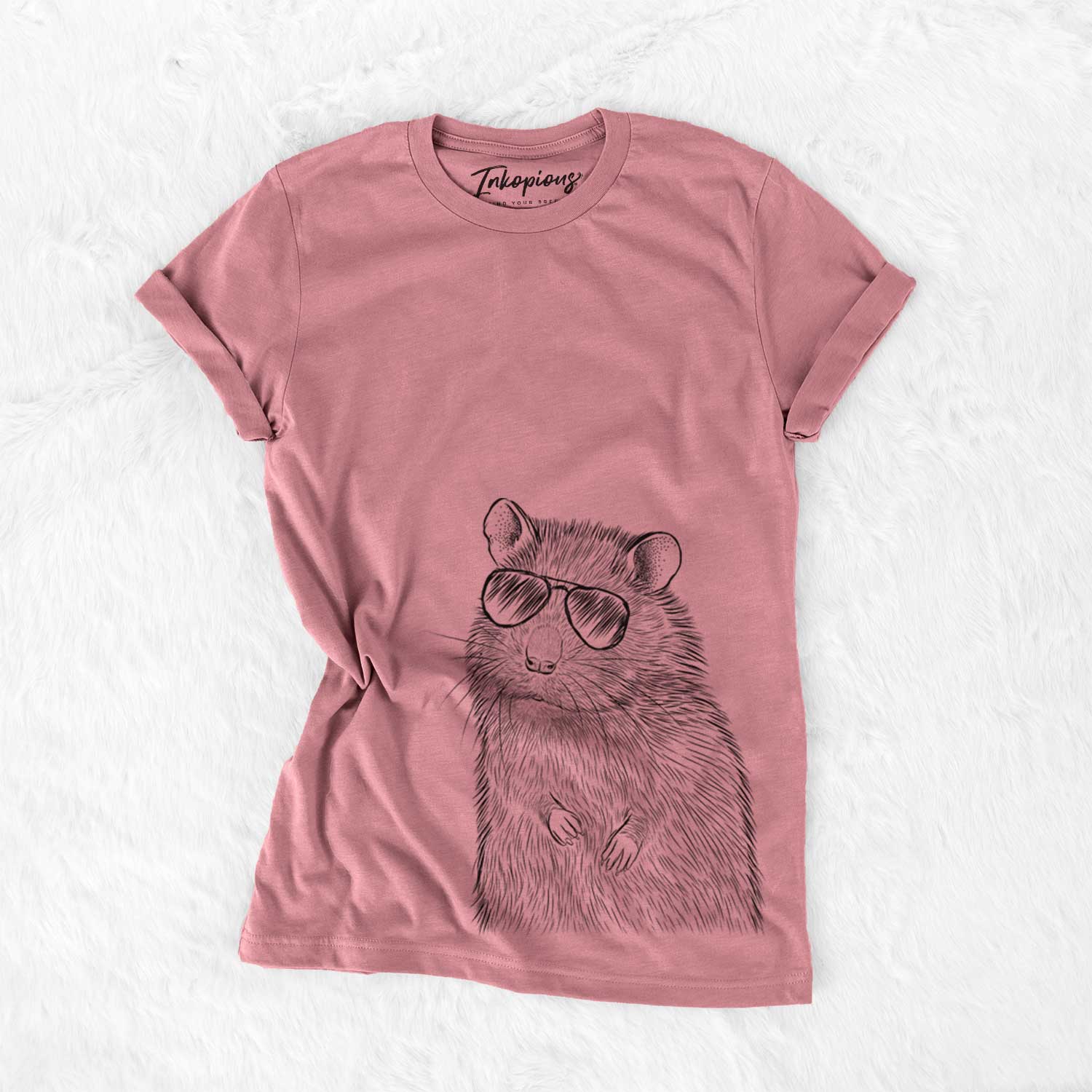 Hand-drawn sketch of Rizzo the Rat wearing aviator sunglasses on a Mauve Unisex crewneck