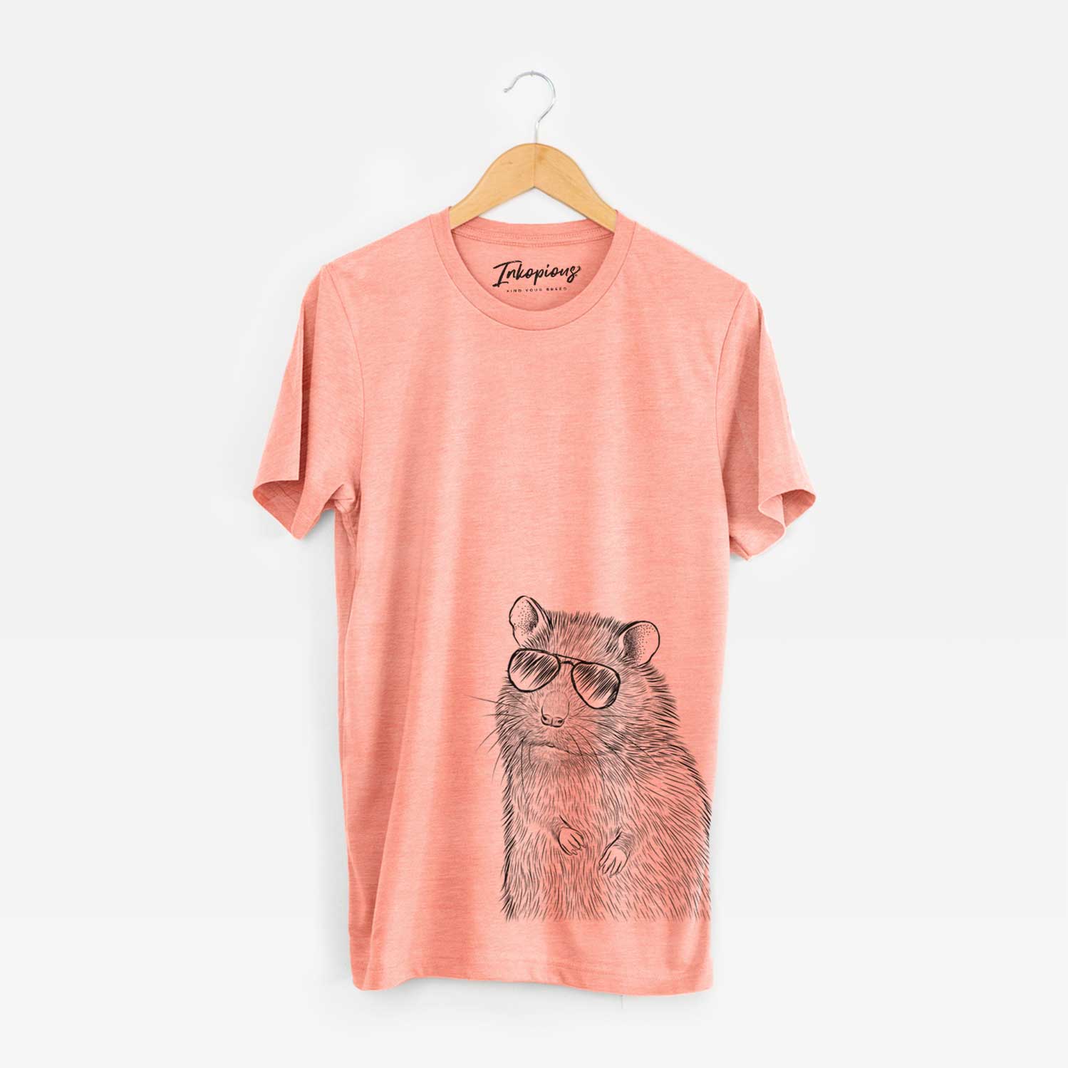 Hand-drawn sketch of Rizzo the Rat wearing aviator sunglasses on a Sunset Unisex crewneck
