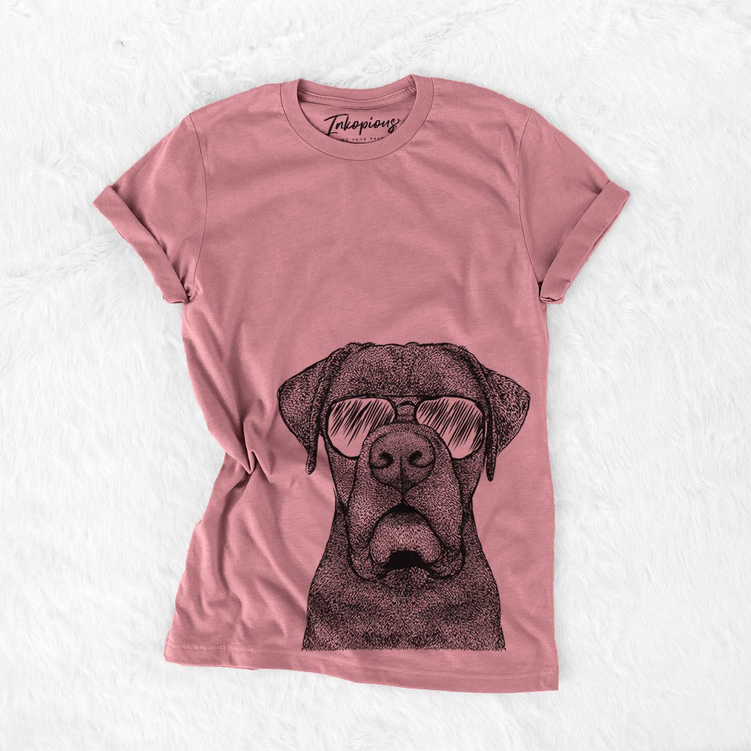 Hand-drawn sketch of Rocco the Cane Corso wearing aviator sunglasses on a Mauve Bella Canvas Unisex Crewneck