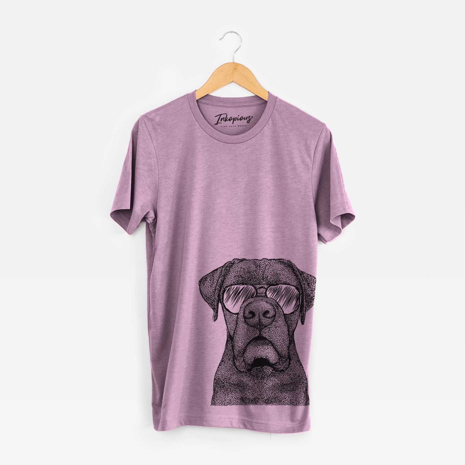 Hand-drawn sketch of Rocco the Cane Corso wearing aviator sunglasses on an Orchid Bella Canvas Unisex Crewneck