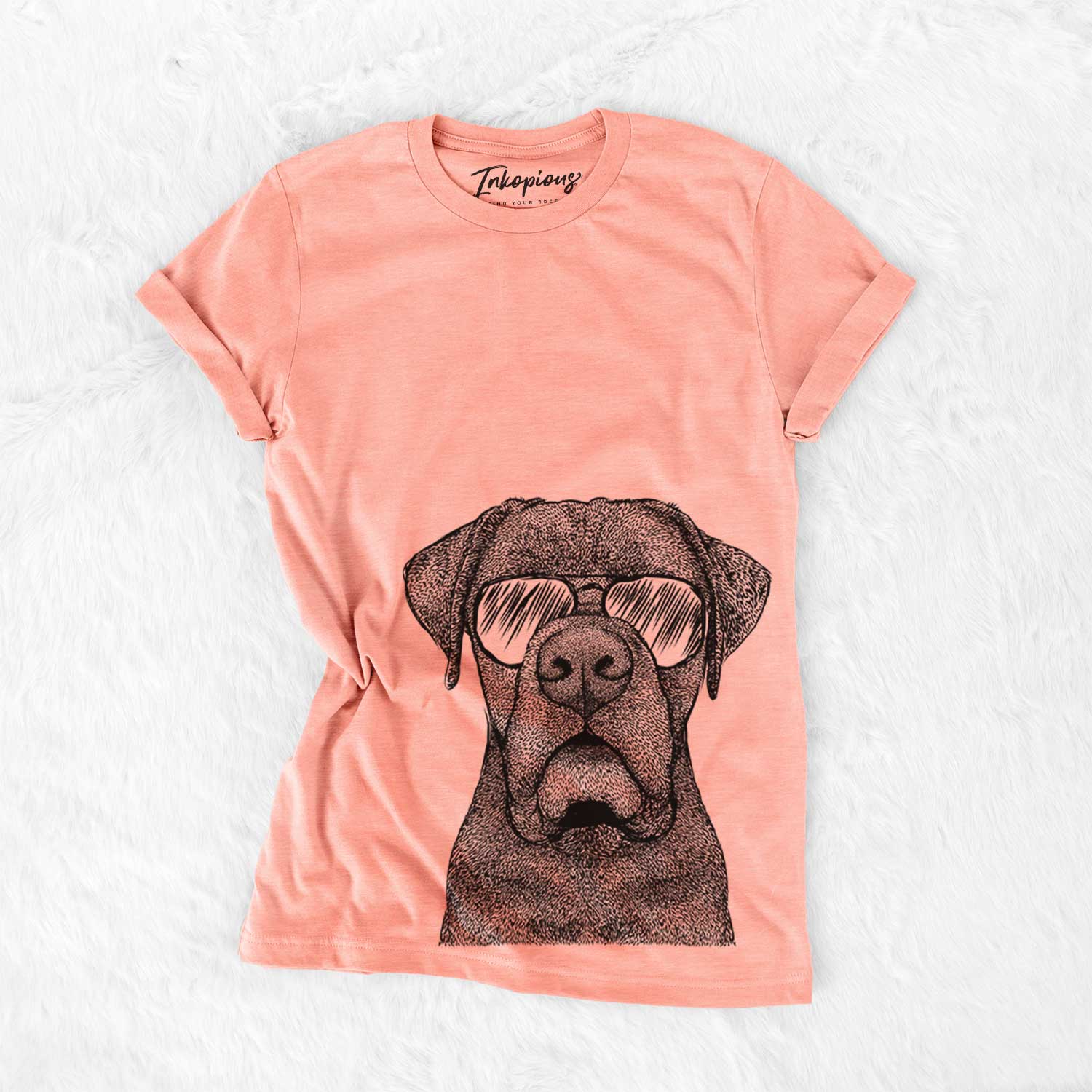 Hand-drawn sketch of Rocco the Cane Corso wearing aviator sunglasses on a Sunset Bella Canvas Unisex Crewneck