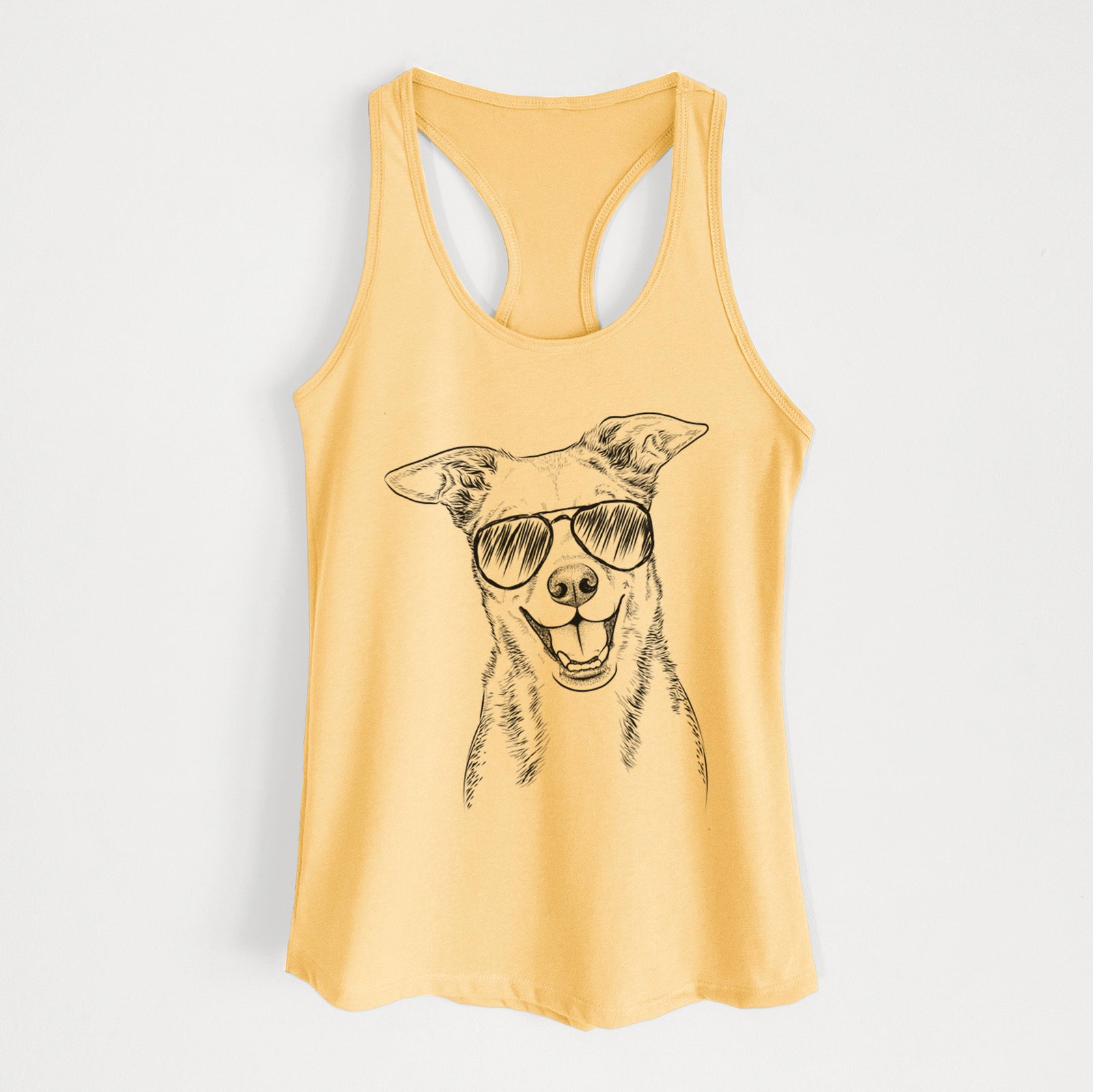 Hand-drawn sketch of Rocco the Mixed Breed wearing aviator sunglasses on a Banana Cream Women's racerback tanktop