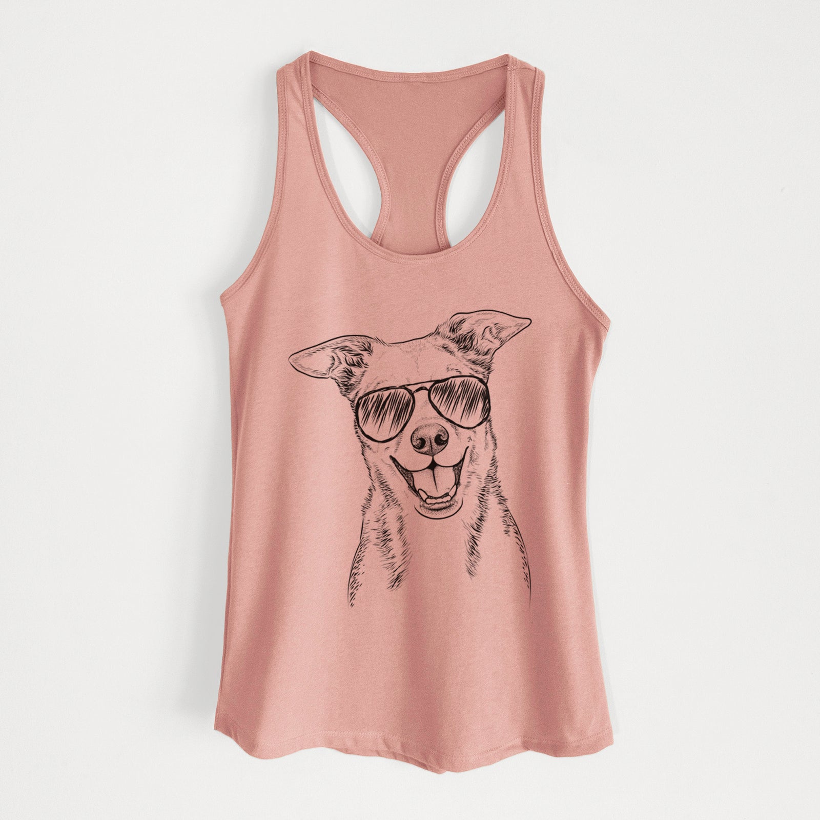 Hand-drawn sketch of Rocco the Mixed Breed wearing aviator sunglasses on a Desert Pink Women's racerback tanktop