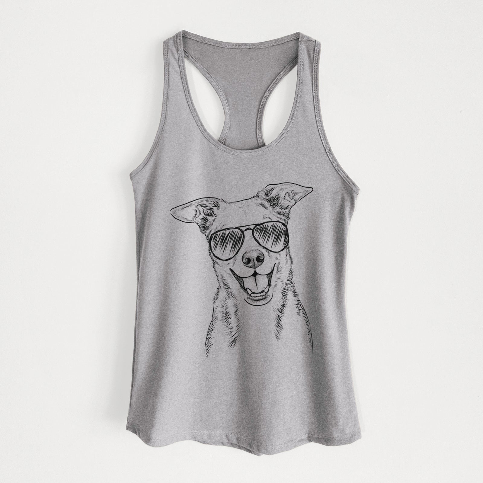 Hand-drawn sketch of Rocco the Mixed Breed wearing aviator sunglasses on a Heather Grey Women's racerback tanktop
