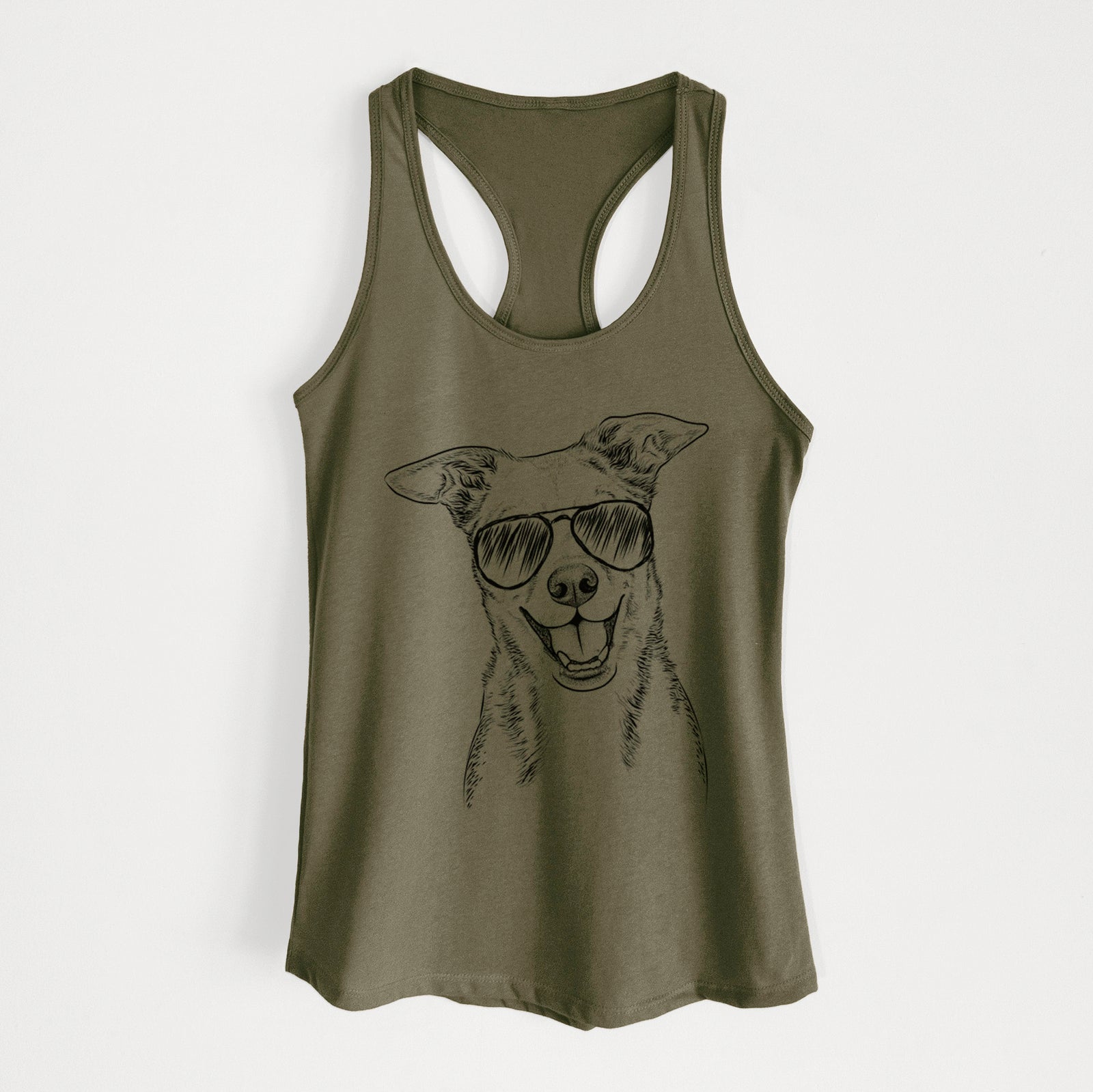 Hand-drawn sketch of Rocco the Mixed Breed wearing aviator sunglasses on a Military Green Women's racerback tanktop
