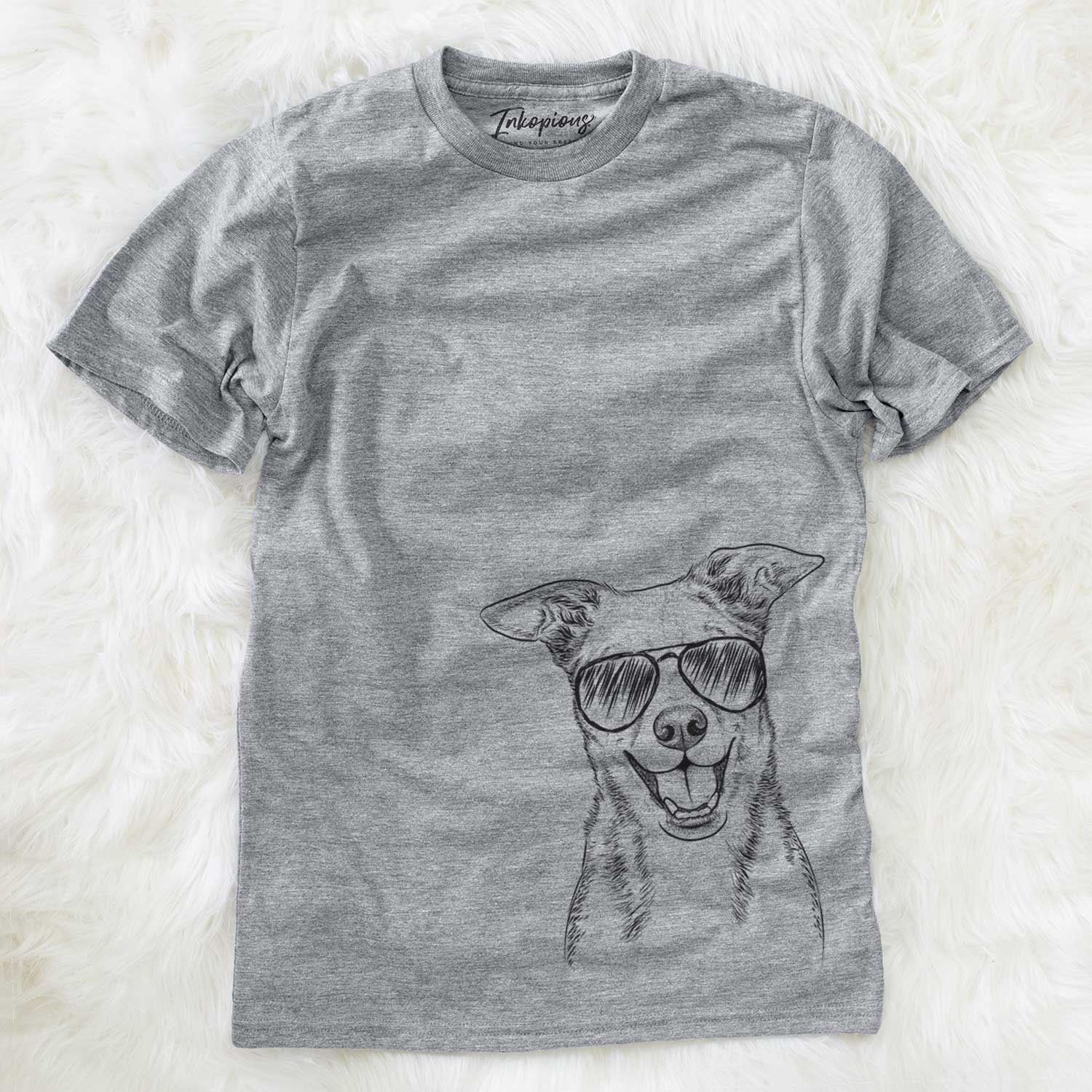 Hand-drawn sketch of Rocco the Mixed Breed wearing aviator sunglasses on a Grey Unisex crewneck